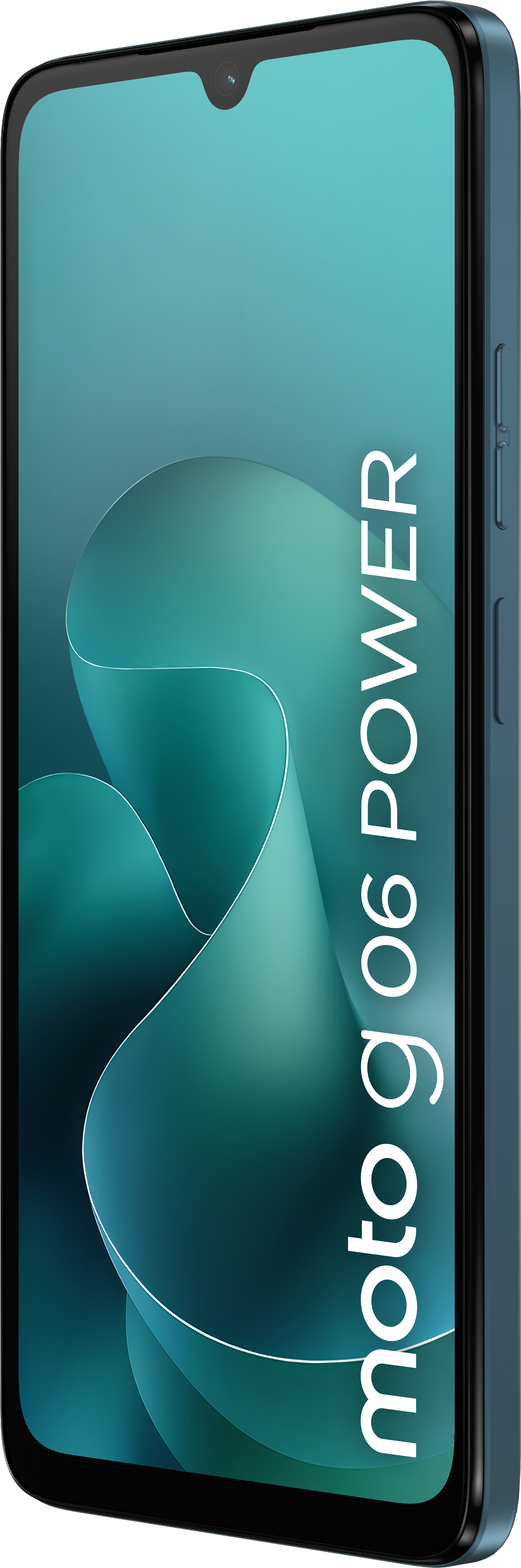 A blue smartphone, the moto g06 POWER is displayed. The screen shows a teal, abstract design, and the phone's name is vertical.