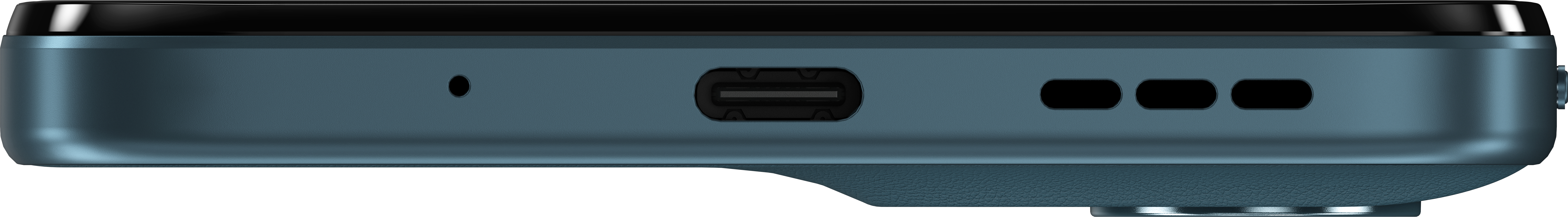 Side view of a blue-green phone showing a USB-C port, mic, and three speaker holes. The top is black.