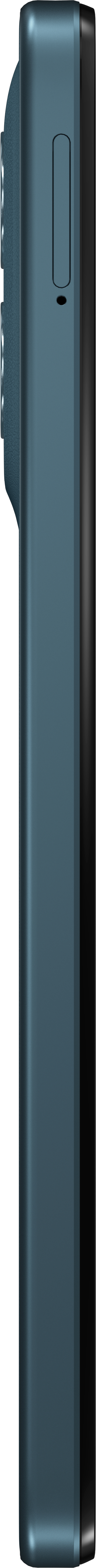 Side view of a blue-gray phone with buttons and a black edge.