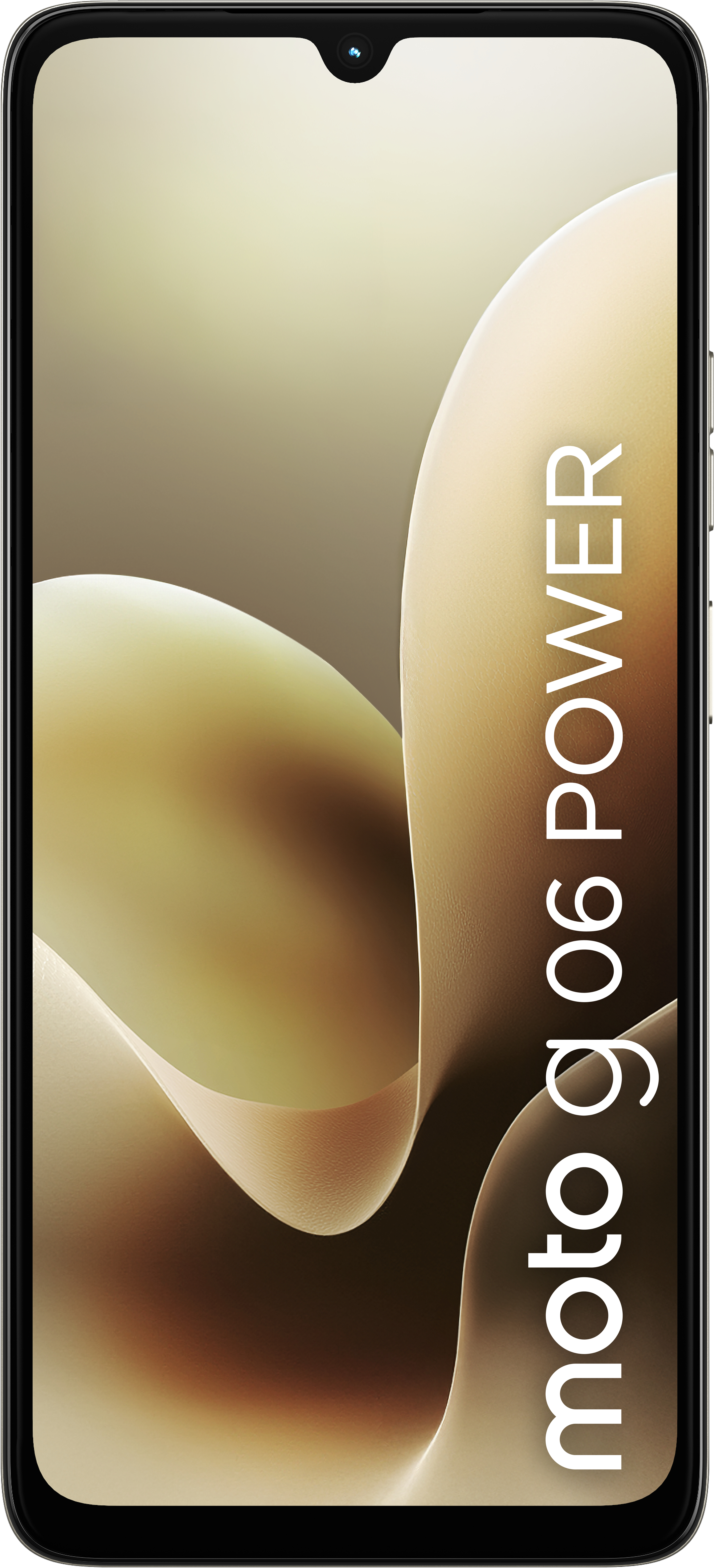 A smartphone with a black border. The screen displays a light brown abstract design and the text 'moto g06 POWER'.