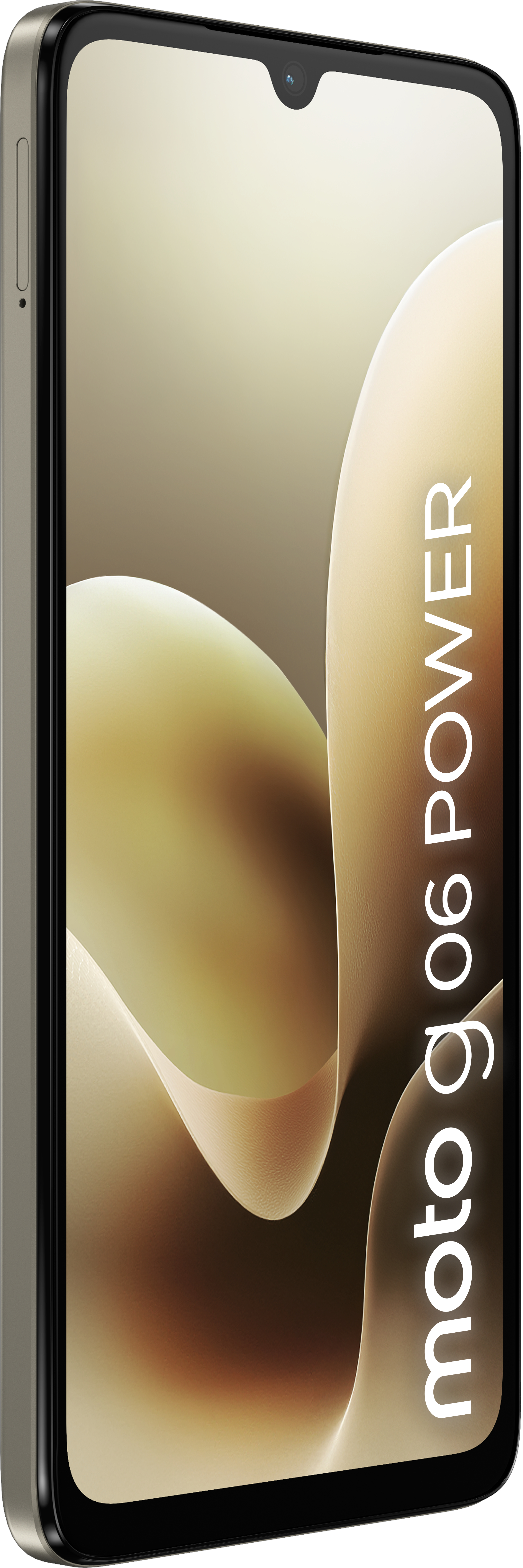 Smartphone with a display showing abstract shapes and the words moto g06 POWER in white, vertically.