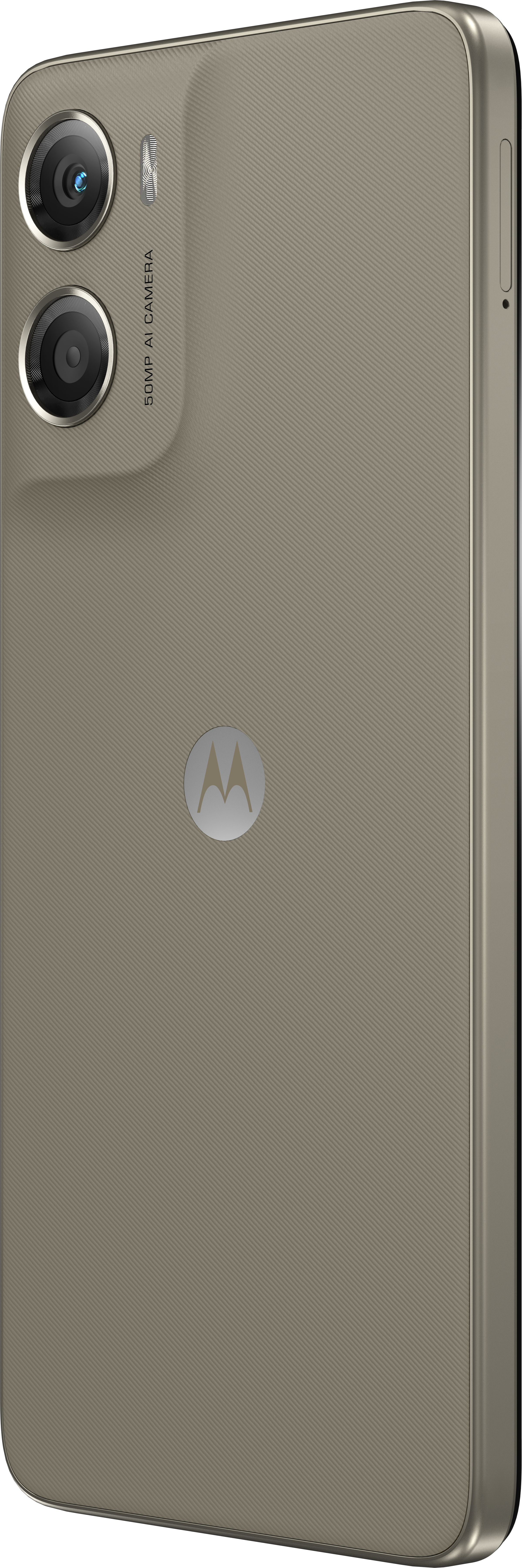 The back of a smartphone with a dual-lens camera, Motorola logo, and a textured finish in a neutral color.