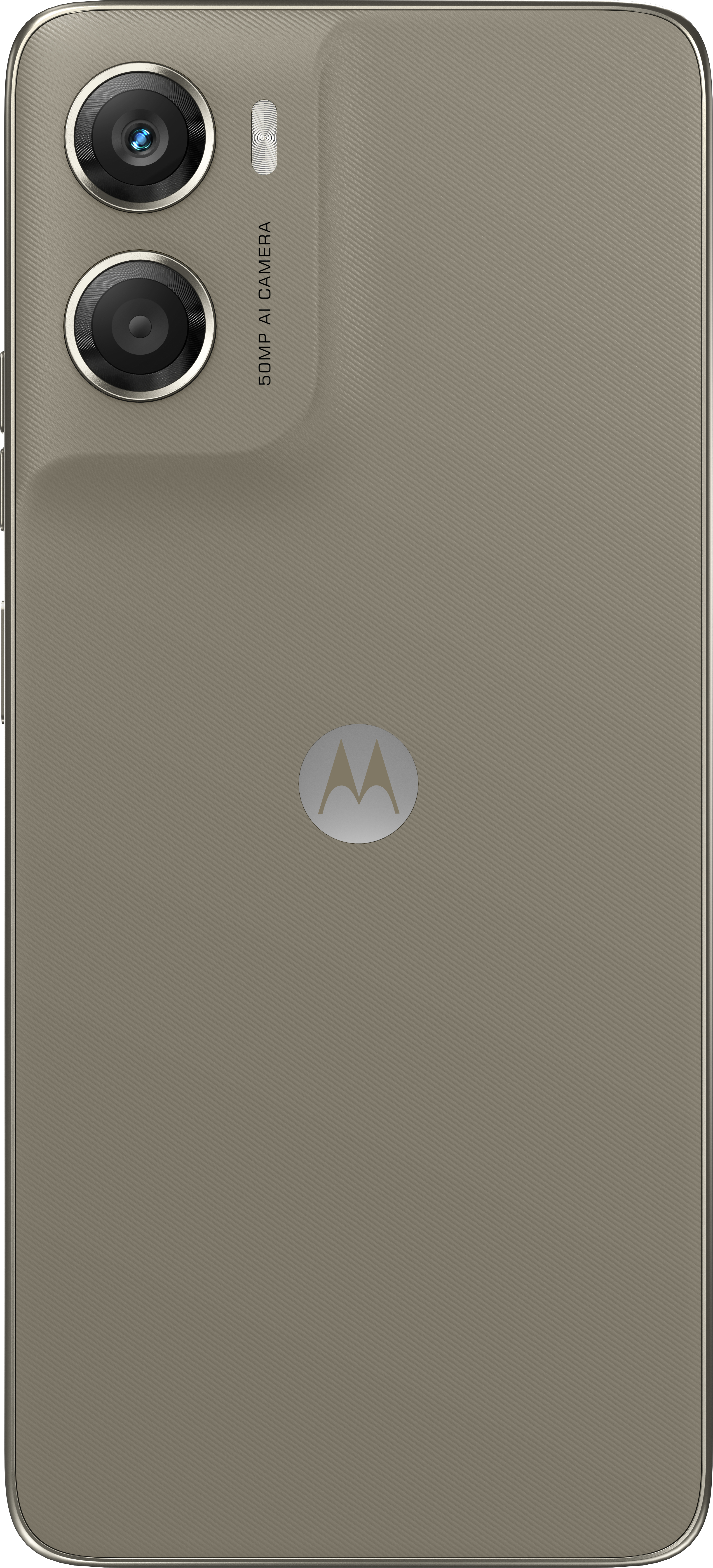 The back of a Motorola phone. It has cameras, a logo, and a textured surface in a neutral color.