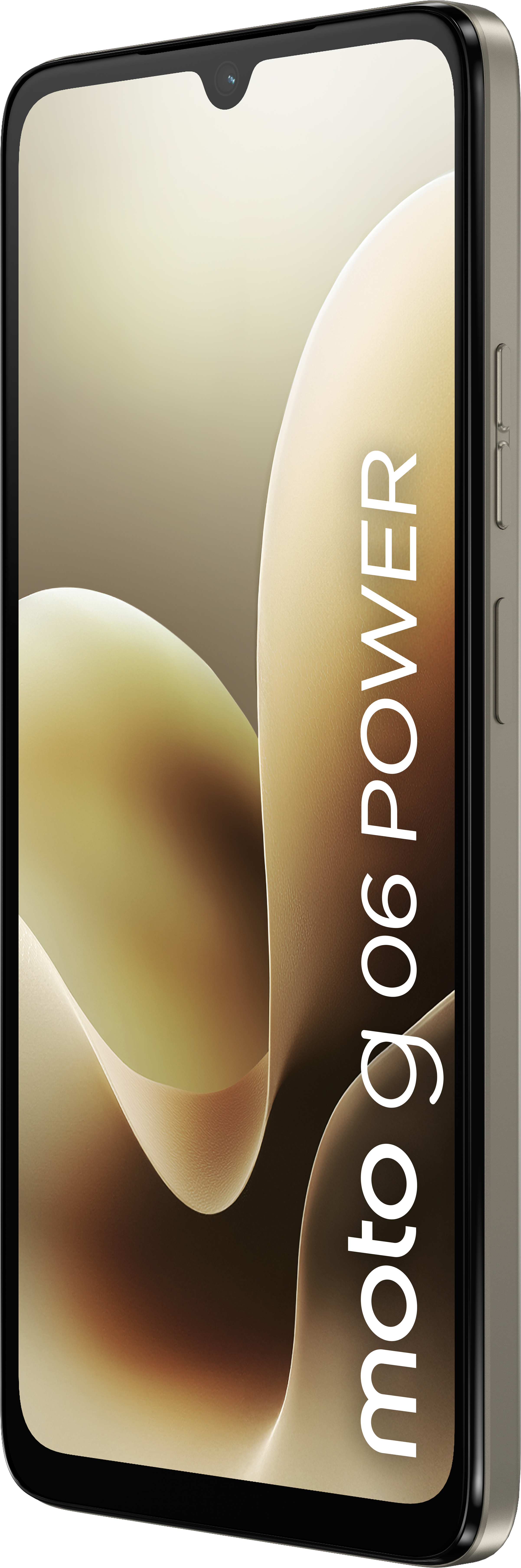 A smartphone with a screen that says moto g06 POWER. The phone is tan and black.