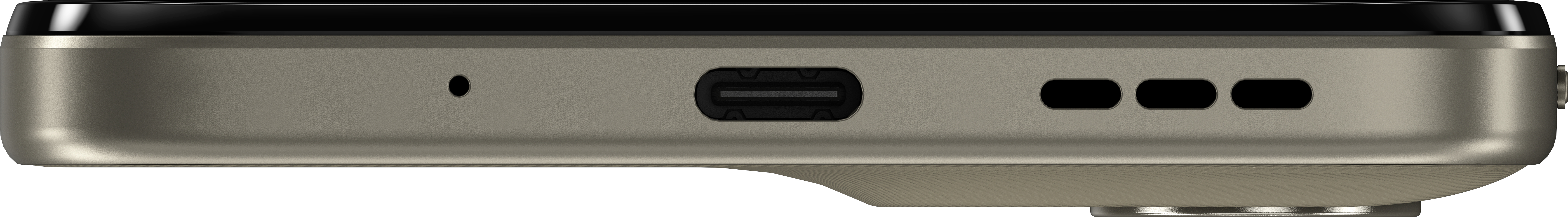 Side view of a device. It has a black top and light grey body. Includes port, microphone, and speaker holes.