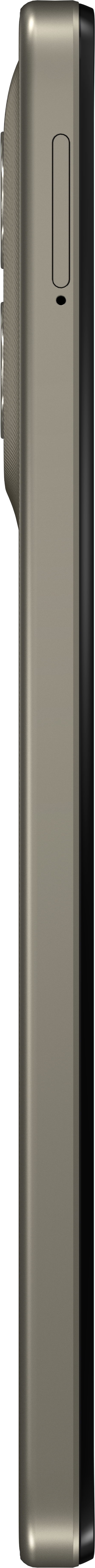 Side view of a cellphone. It is gray with a black stripe on the right side. Buttons and camera are visible.