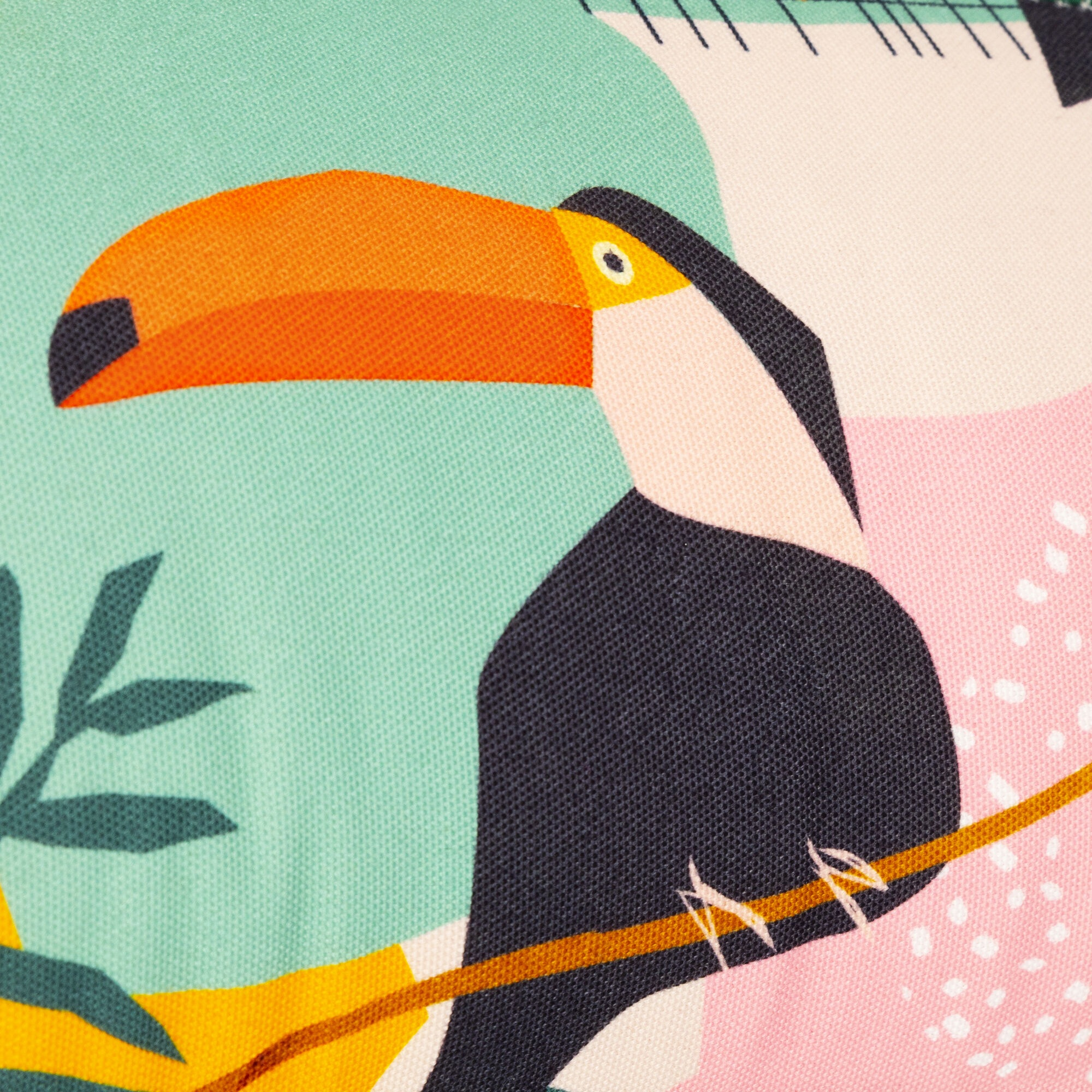 Kolorowa ilustracja tukana. Posiada pomarańczowy dziób, czarno-białe ciało i turkusowe tło.