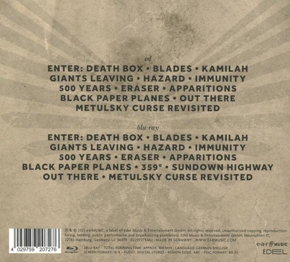 Albumcover listet Songtitel auf: Enter: Death Box, Blades, Kamilah, Giants Leaving, Hazard, Immunity, 500 Years usw.