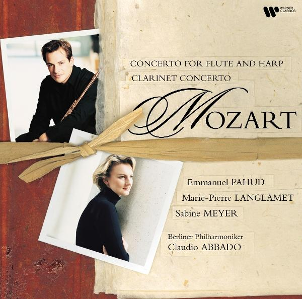 Album borító: Mozart concerto. Zenészek portréi, szöveg, mint a 'Mozart' és a 'Berliner Philharmoniker'.