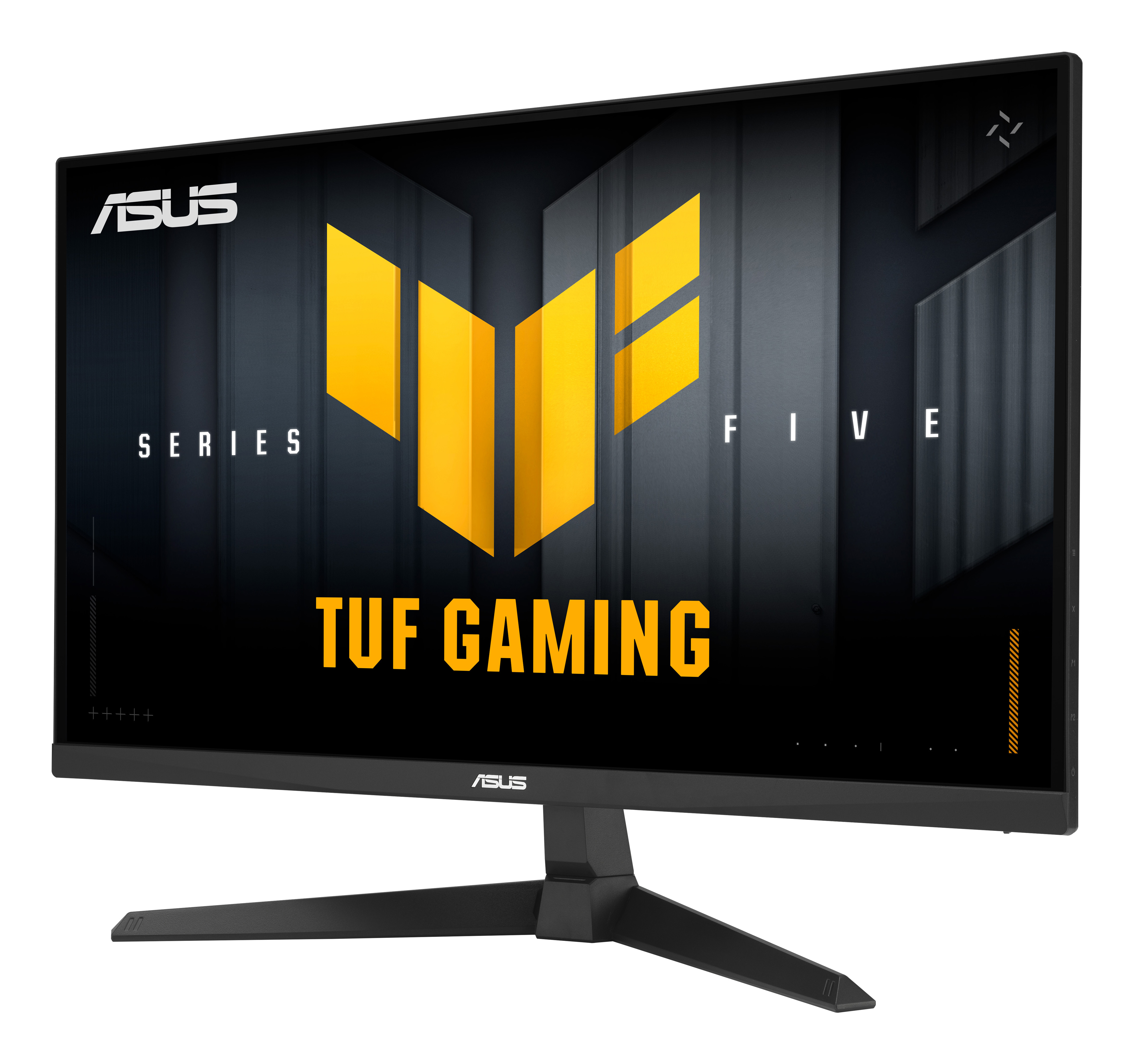 ASUS TUF Gaming Monitor. Schwarzer Rahmen, gelbes Logo und Text auf dem Bildschirm. Schwarzer Ständer.