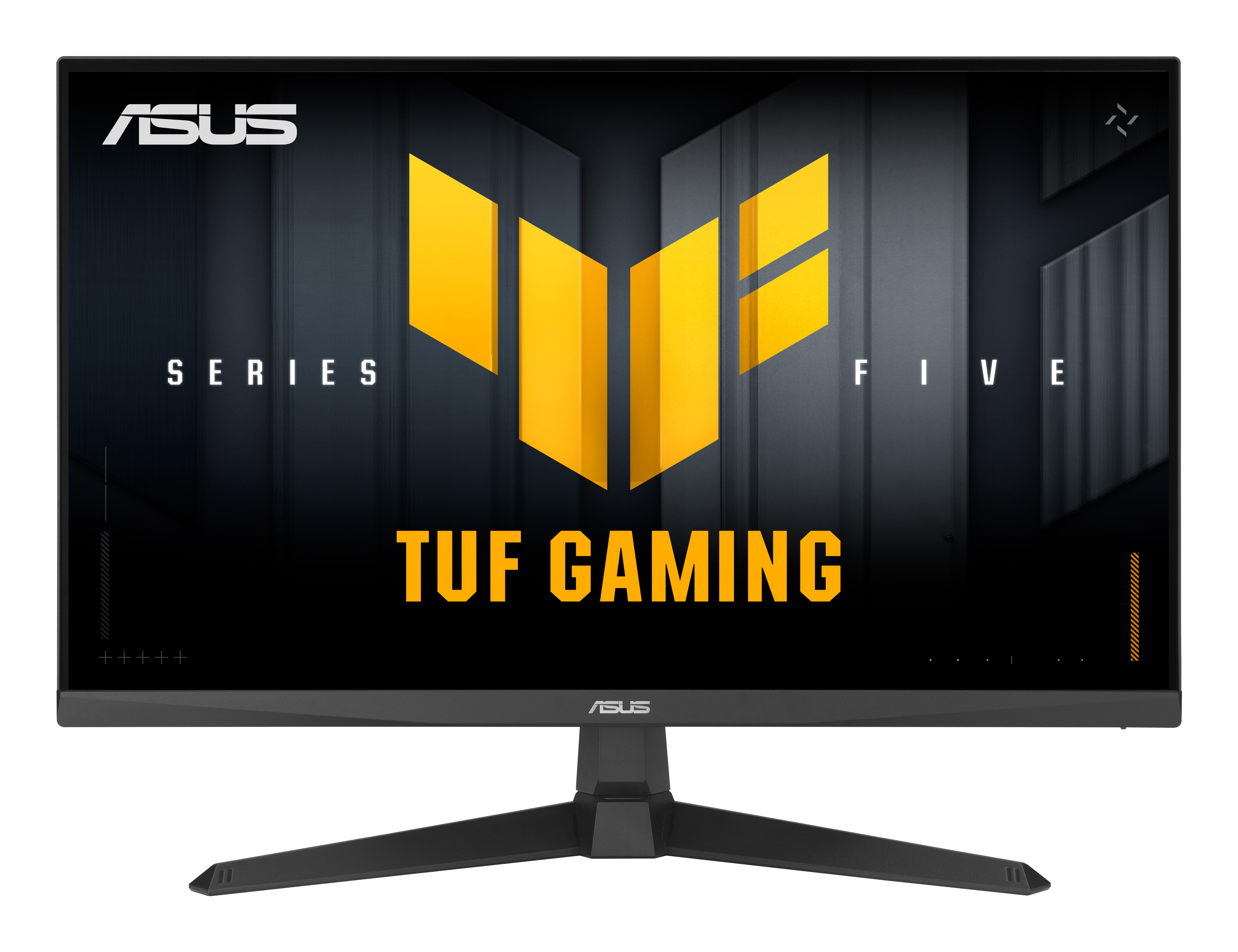 ASUS TUF Gaming Monitor. Schwarzer Rahmen, gelbes Logo und Text. Der Ständer ist schwarz und hat eine breite Basis.