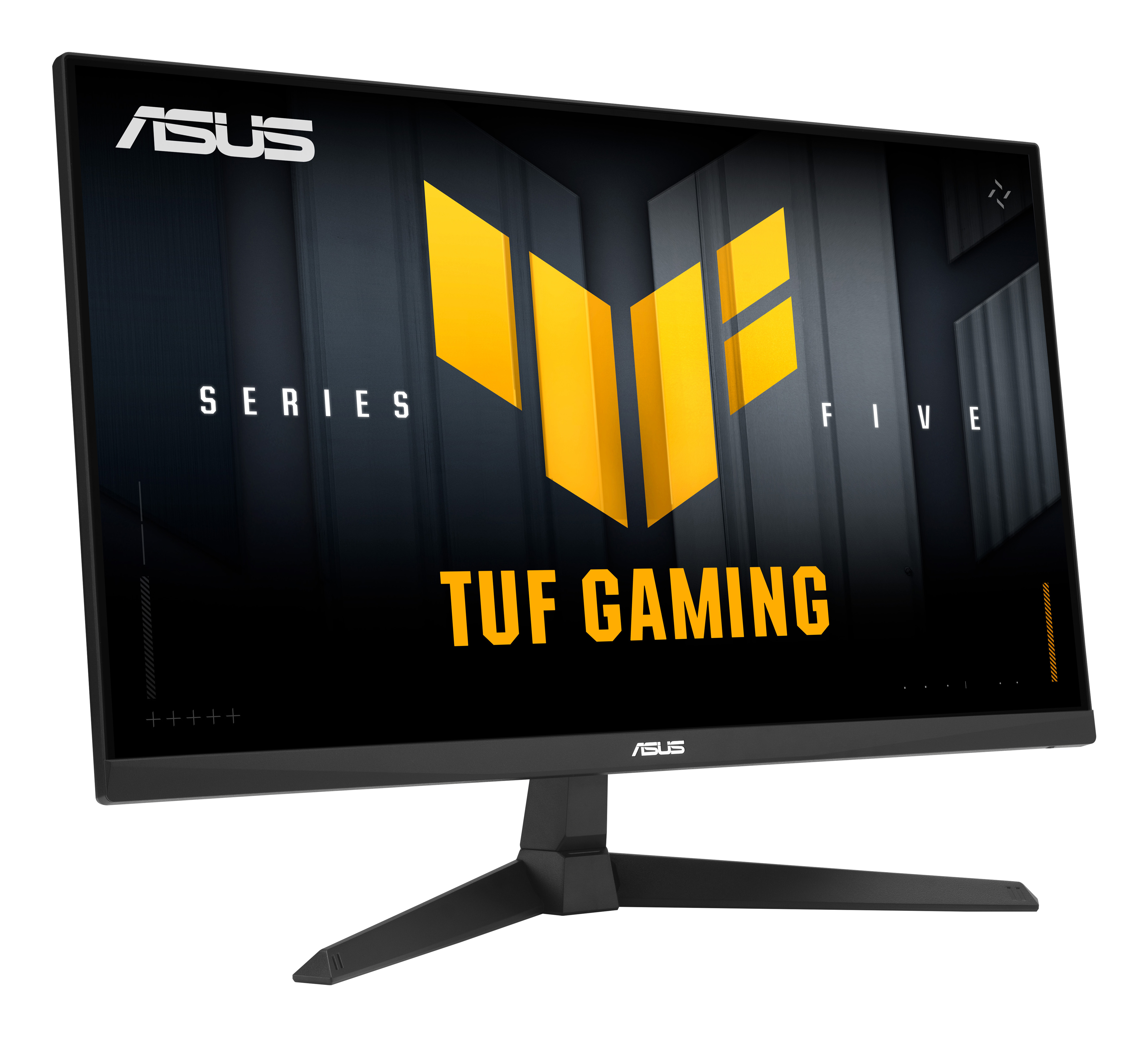 ASUS TUF Gaming Monitor. Schwarzer Rahmen, gelbes Logo und Text. Schwarzer Ständer. Weißer Hintergrund.
