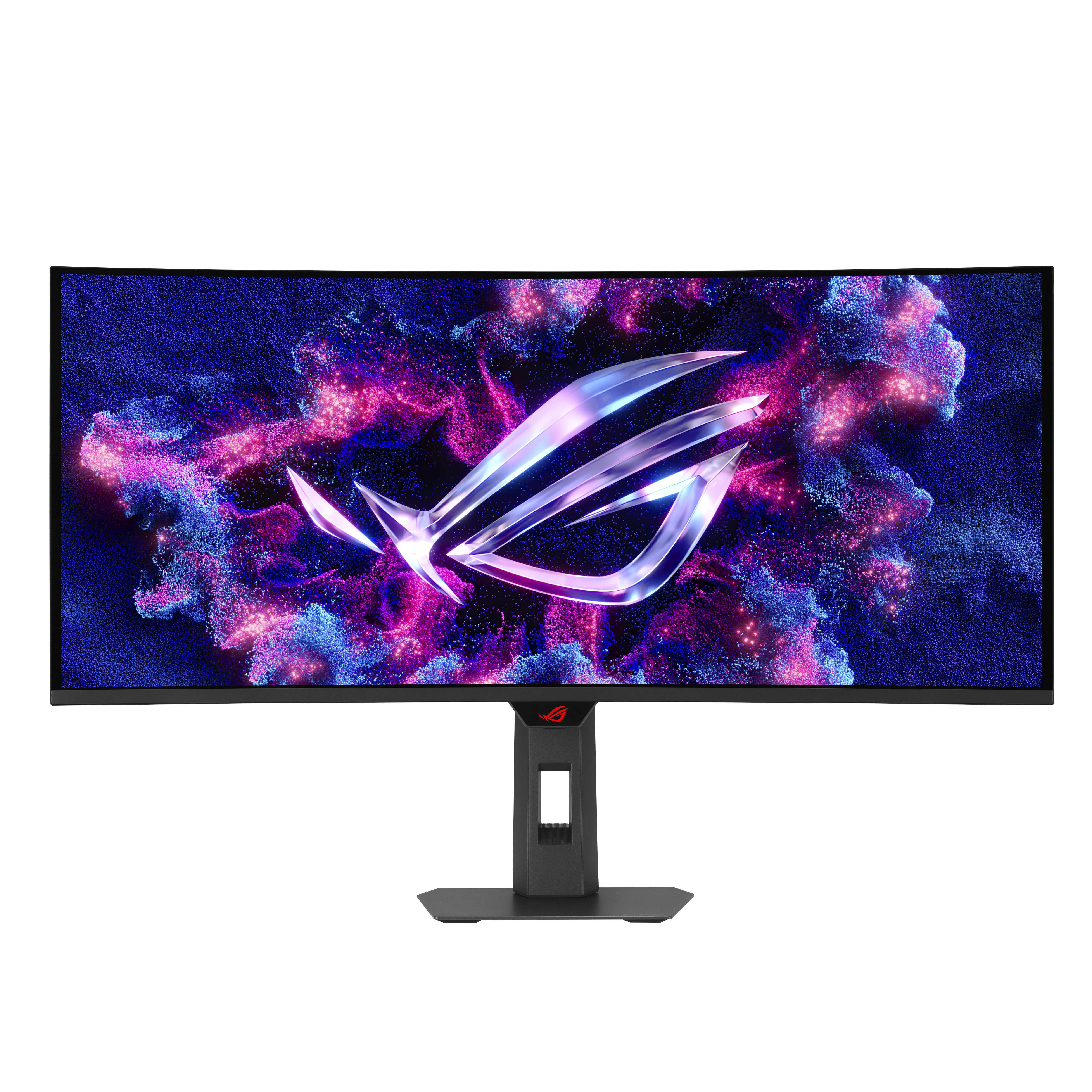 Gebogener Monitor mit farbenfroher abstrakter Anzeige. Er hat einen schwarzen Ständer, mit dem ROG-Logo.