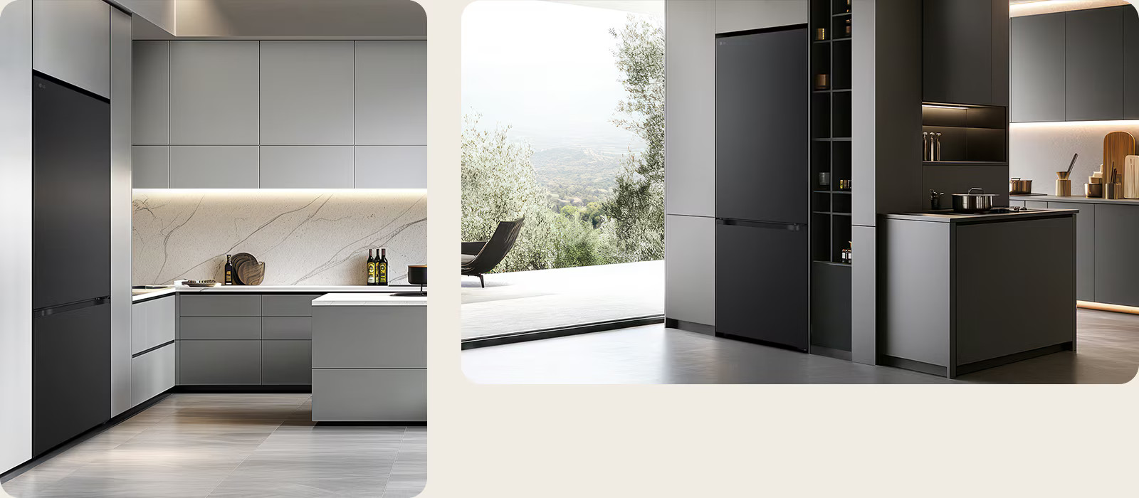 Nowoczesna kuchnia z czarną lodówką, szarymi szafkami, marmurowym blatem i widokiem na wzgórze przez duże okno.