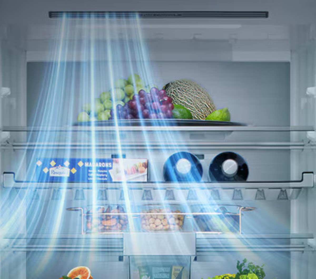 W lodówce na półce winogrona, melon i limonki. Makaroniki i inne produkty spożywcze na innych półkach. Niebieski przepływ powietrza.