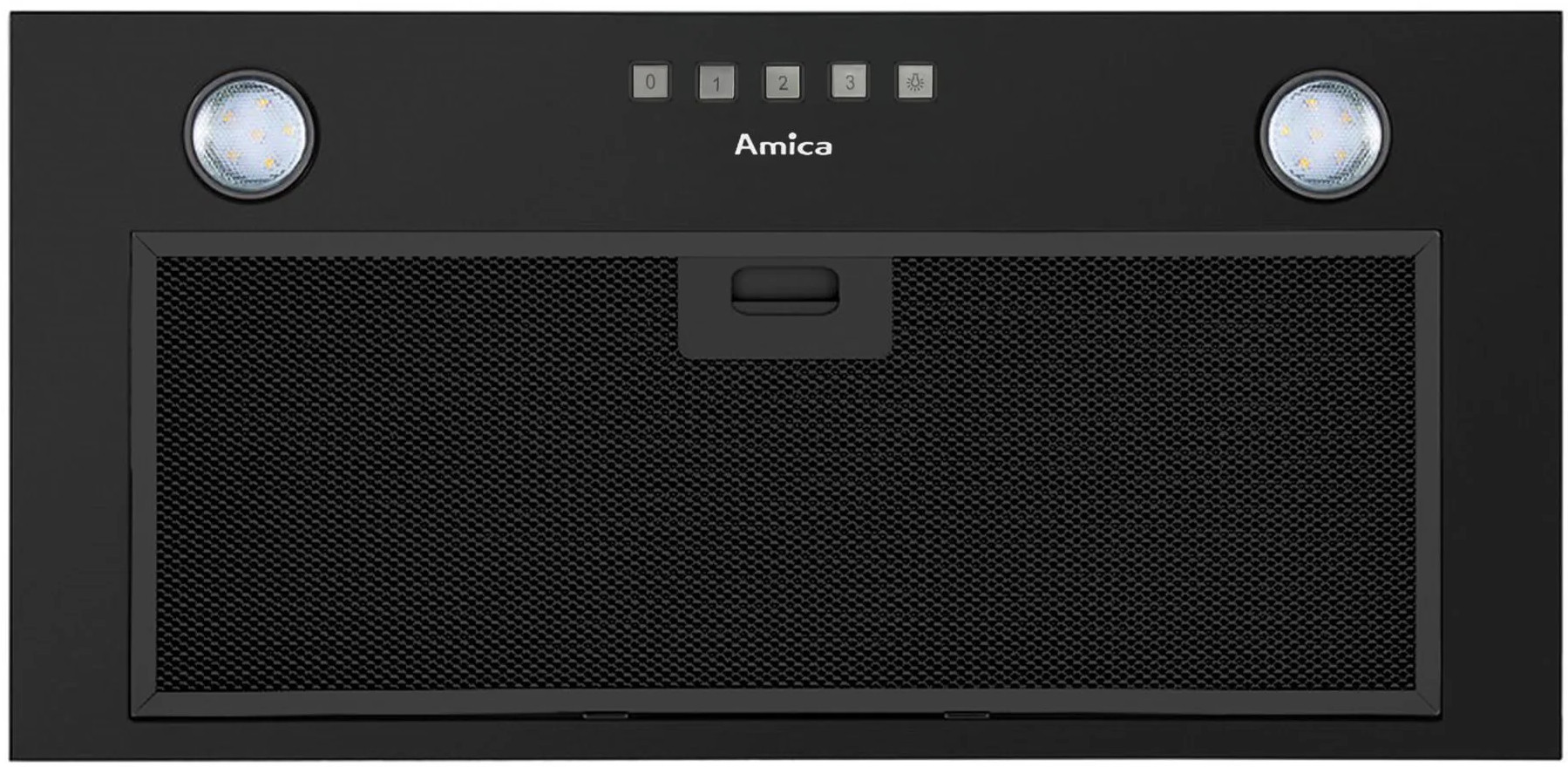 Czarny okap z dwoma światłami, filtrem siatkowym, przyciskami sterowania (0-3) i marką Amica.