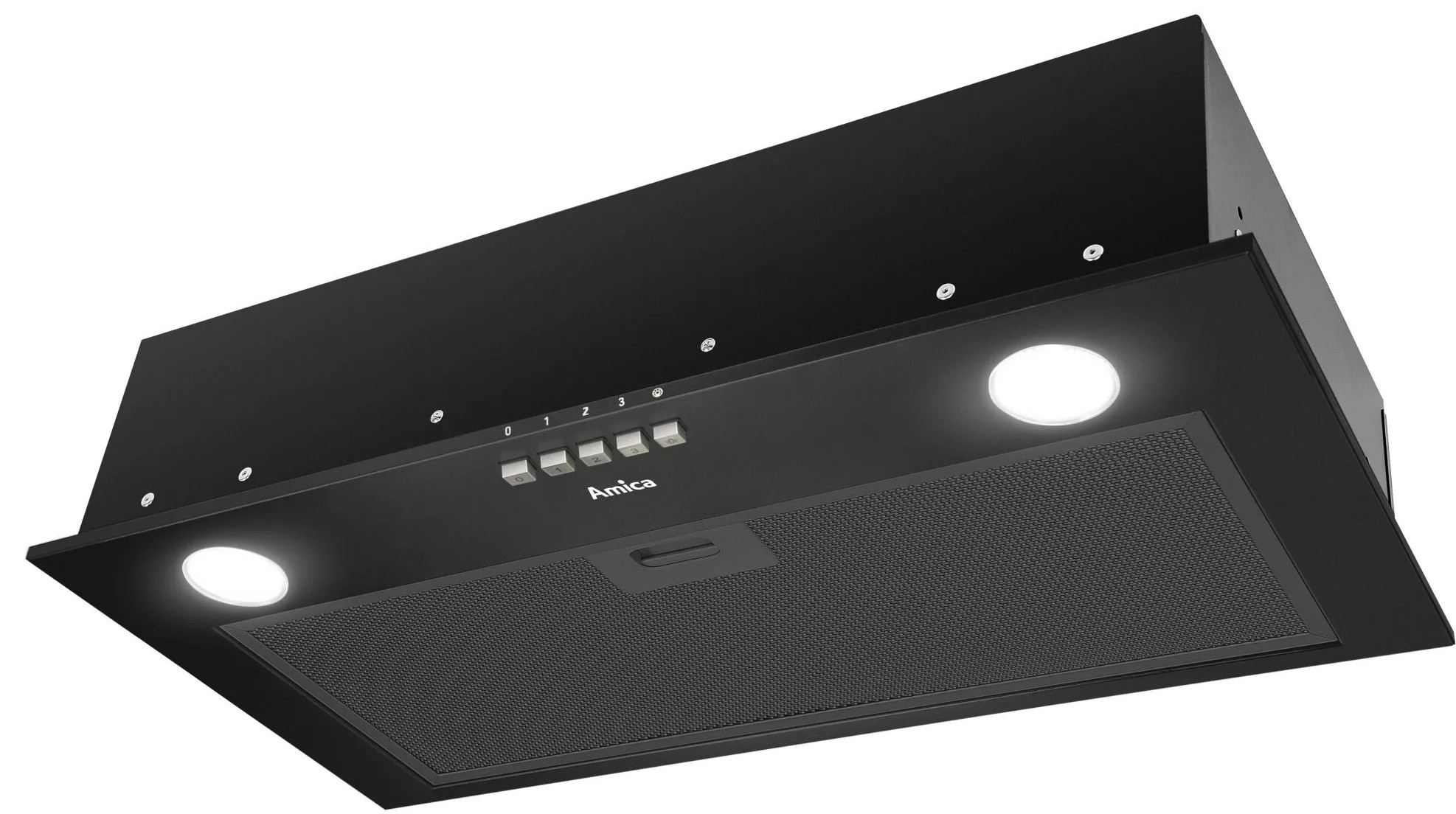 Czarny okap kuchenny z oświetleniem i sterowaniem. Posiada filtr siatkowy i markę Amica.