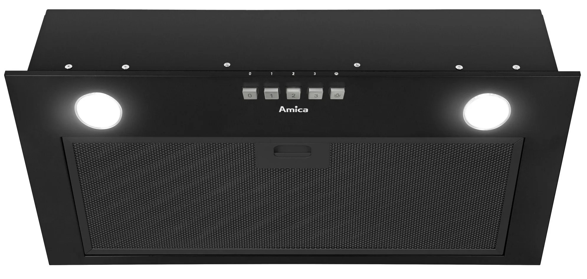 Czarny okap kuchenny ze światłami, przyciskami sterowania i filtrem siatkowym. Widoczna marka 'Amica'.