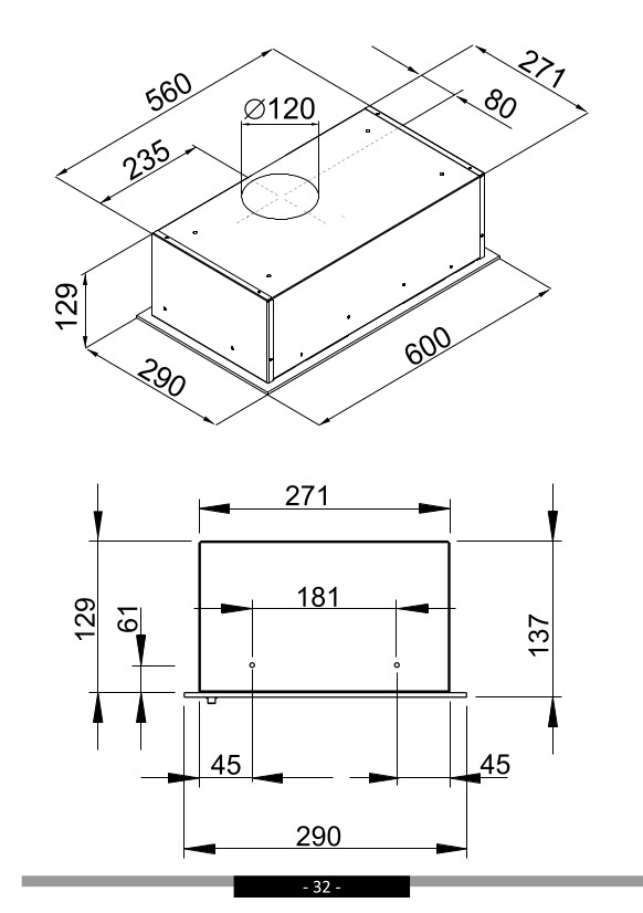Rysunek techniczny prostokątnego okapu z wymiarami, w tym okrągłym otworem wentylacyjnym i szczegółami bocznymi.