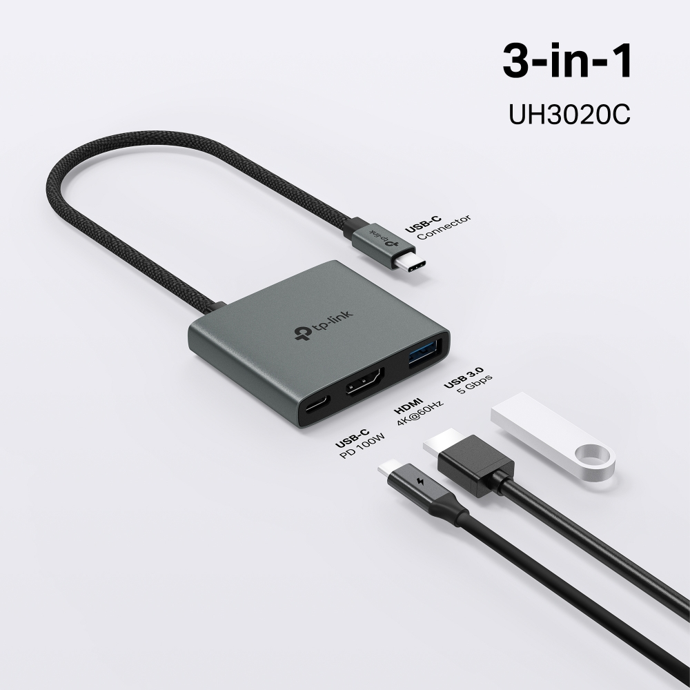 Kablolar ve konektörlerle gri bir TP-Link 3'ü 1 arada USB hub. Etiketler USB-C, HDMI ve USB 3.0 portlarını gösterir.