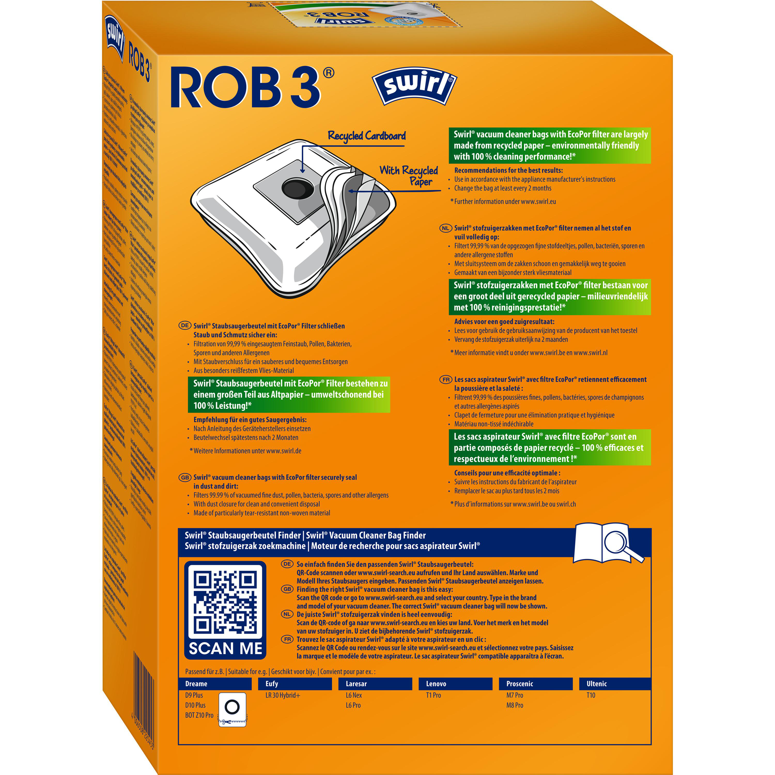 Orange Box mit Swirl-Staubsaugerbeuteln, Text und QR-Code. Hauptfarben: Orange, Weiß, Blau.