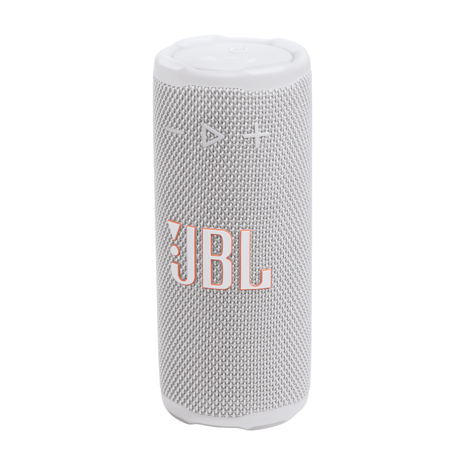 Silindirik JBL hoparlör, beyaz üst ve alt kısım, gri örgü gövde, turuncu JBL logosu.