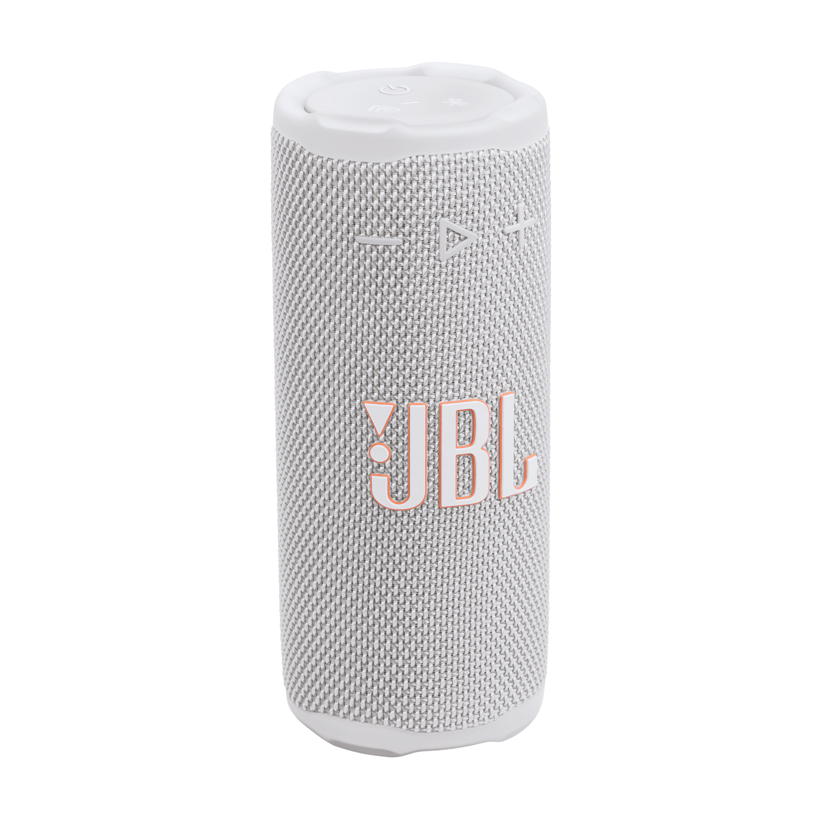 Beyaz zemin üzerinde gri bir JBL hoparlör. Düğmeleri ve turuncu JBL logosu var.