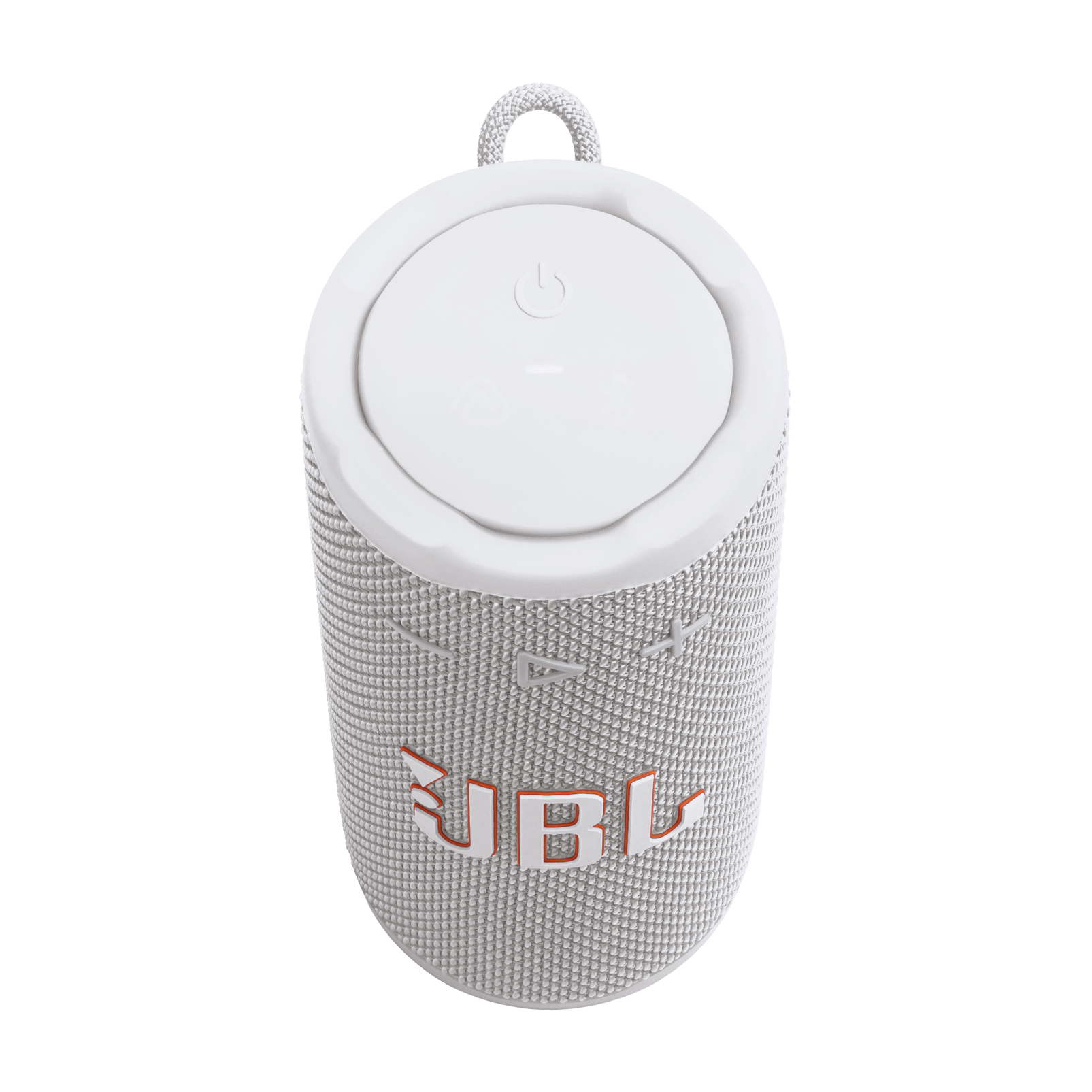 Turuncu JBL logosu olan beyaz JBL hoparlör, silindirik şekil. Üstte güç düğmesi var. Üstte asma halkası.