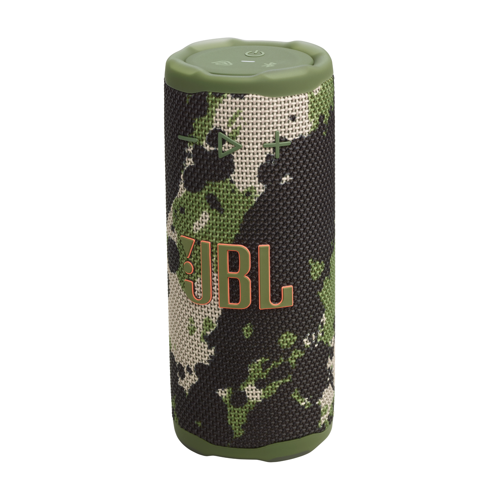 Kamuflaj desenli JBL Flip 6 hoparlör. Silindirik, yeşil üst ve taban, JBL logosu. Beyaz arka plan.