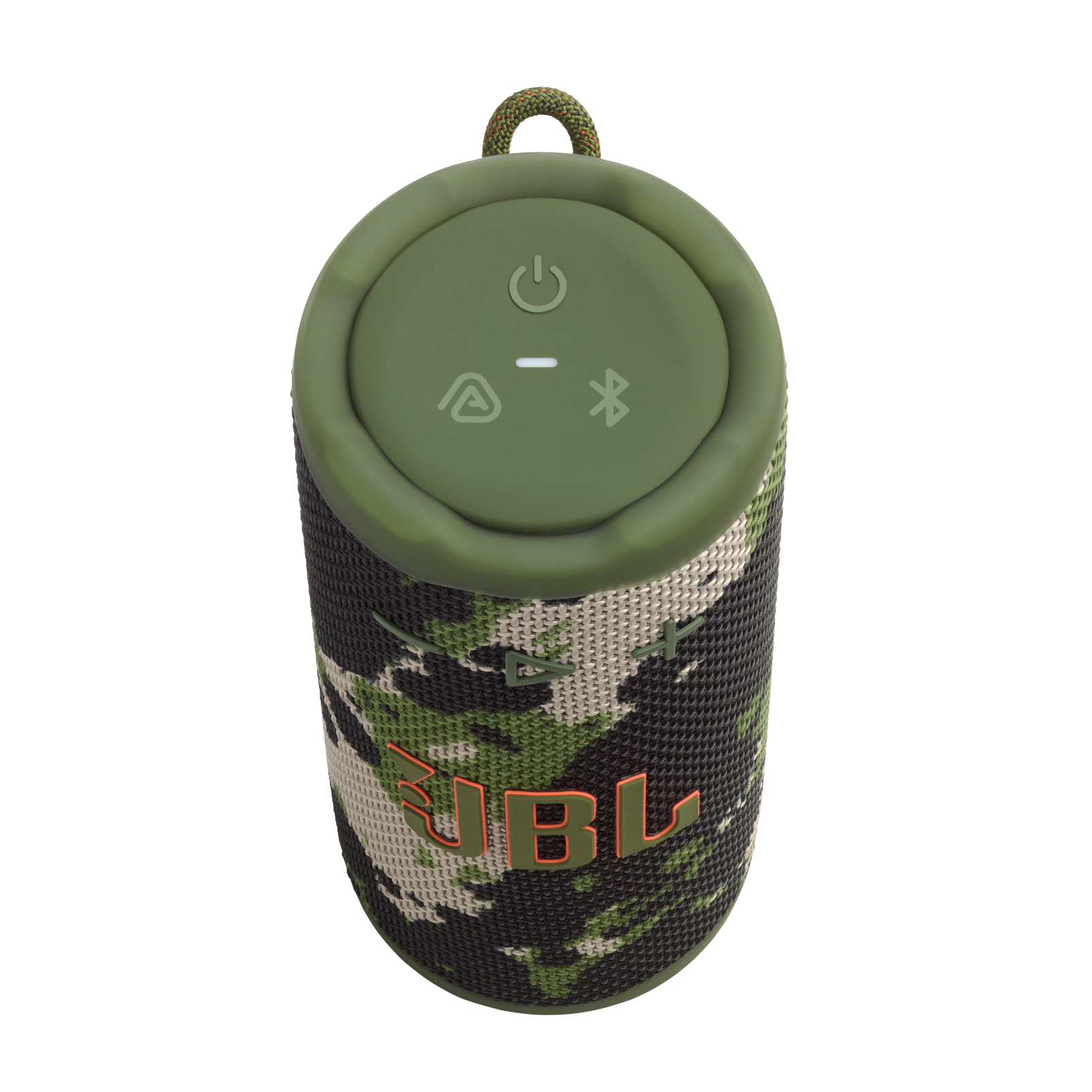 Yeşil ve kamuflaj desenli JBL hoparlör. Üst kısımda güç, ses ve Bluetooth simgeleri bulunur. Ön tarafta turuncu JBL logosu.