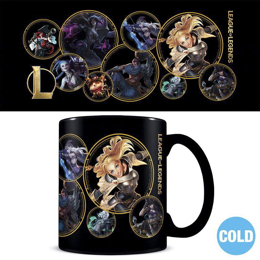 Schwarzer Becher mit League of Legends-Charakteren. Der Becher hat einen Henkel und eine blaue 'COLD'-Anzeige.