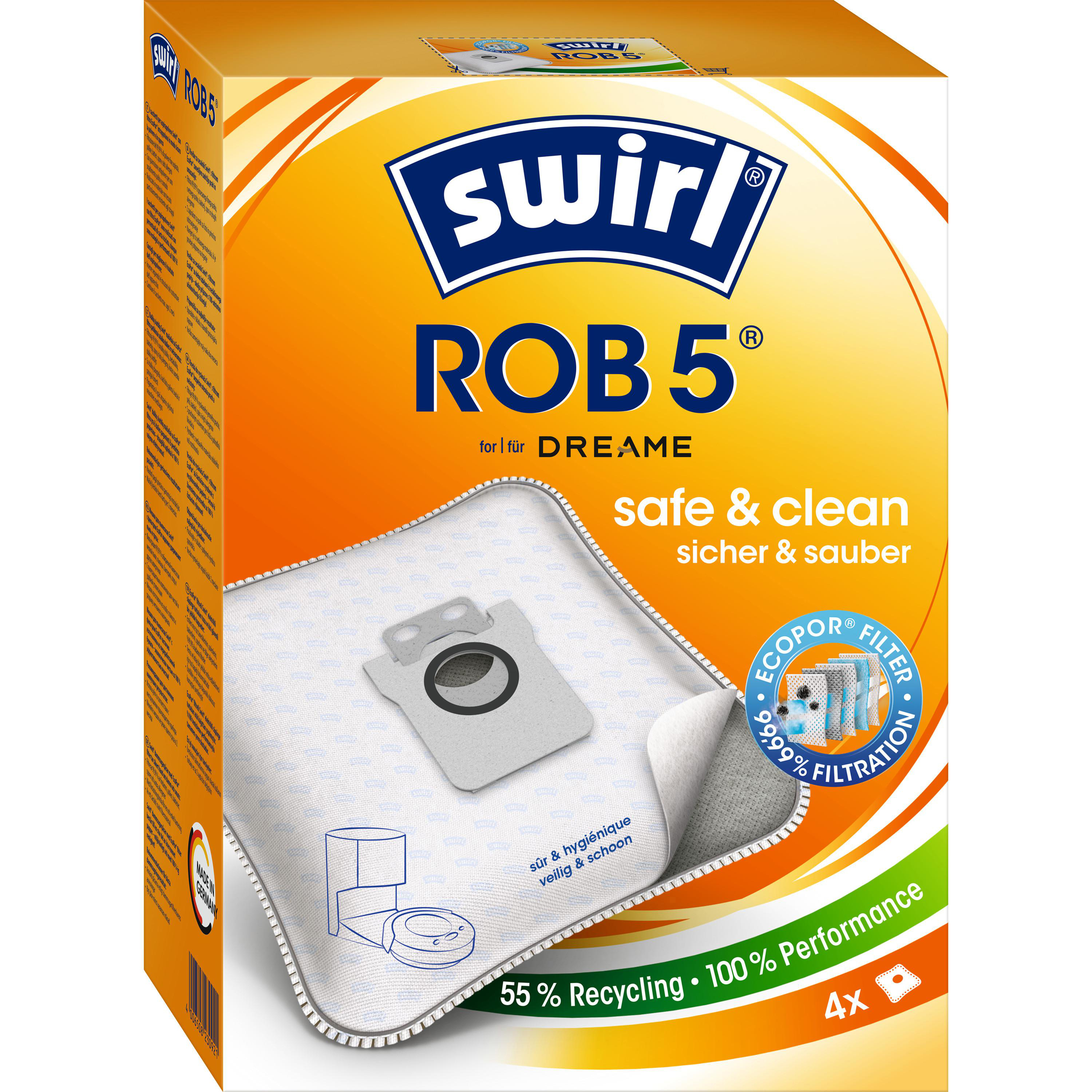 Schachtel mit Swirl ROB5 Staubsaugerbeuteln. Orange und weiß mit Text und einer Taschengrafik.