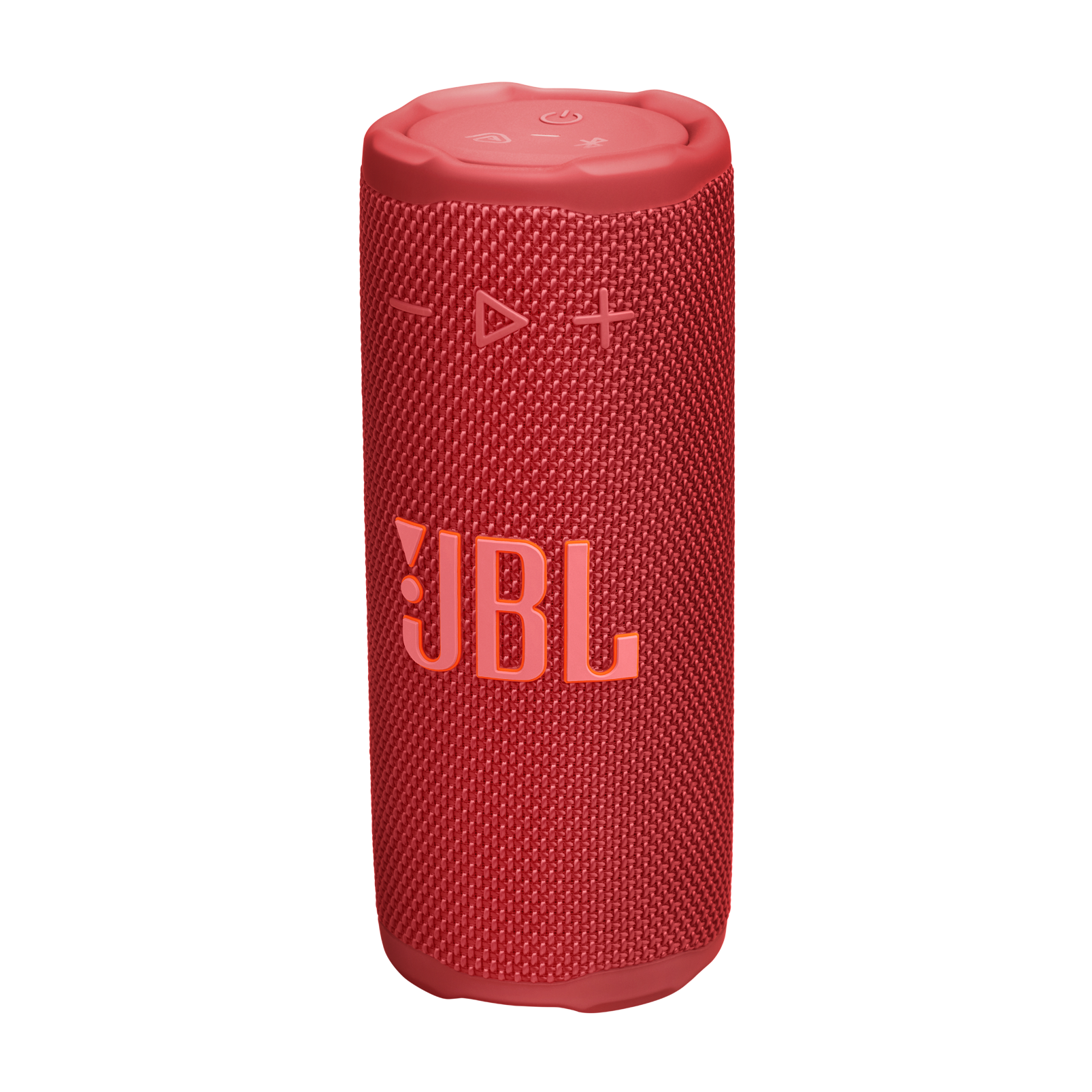 Kırmızı JBL hoparlör. Ön tarafında marka adı ve üst kısmında kontrol düğmeleri bulunur. Beyaz bir arka plan üzerinde izole edilmiştir.