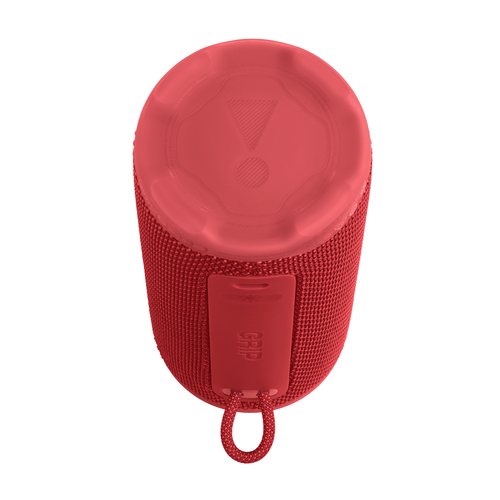 Kırmızı silindirik hoparlör. Kumaş örgülü bir gövdesi ve kırmızı bir tutacağı var. Üst kısımda JBL logosu bulunuyor.