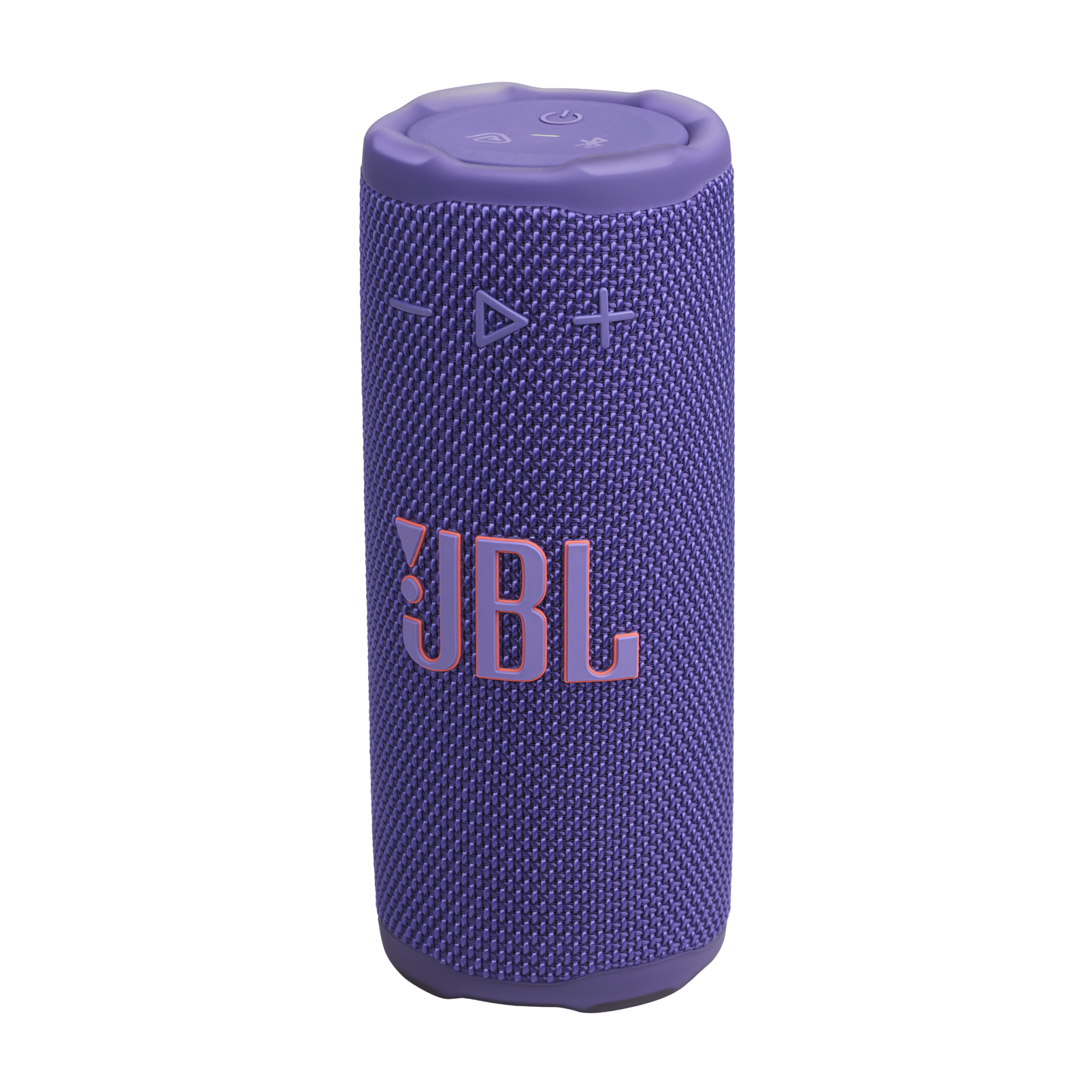 Beyaz zemin üzerinde turuncu JBL logosu olan mor bir JBL hoparlör. Üst kısımda kontrol düğmeleri var.
