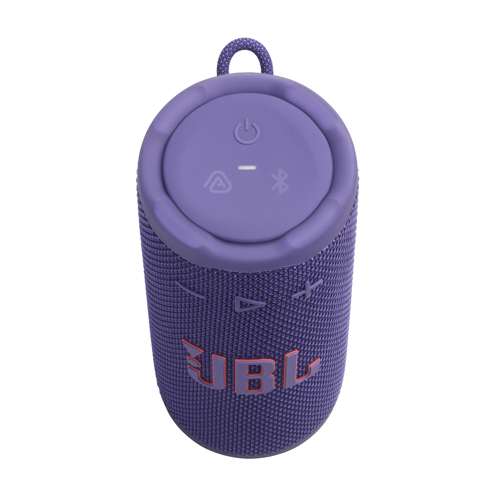 Güç düğmesi, Bluetooth sembolü ve JBL logosu olan mor bir JBL hoparlör. Üst kısımda bir taşıma halkası var.