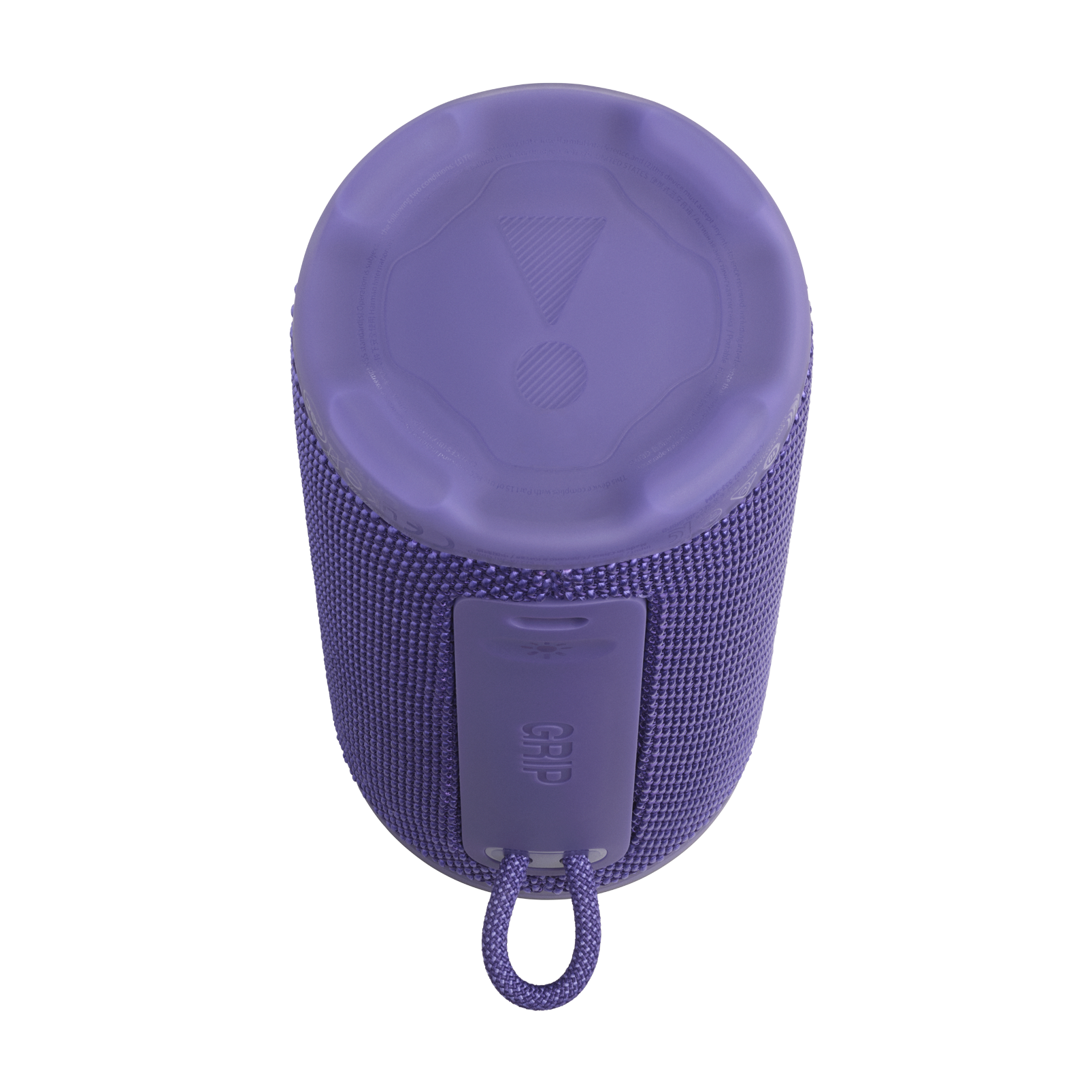 Kumaş gövdeli ve halkalı mor bir JBL hoparlör. Üst kısım logolu plastiktir. 'GRIP' yanda.