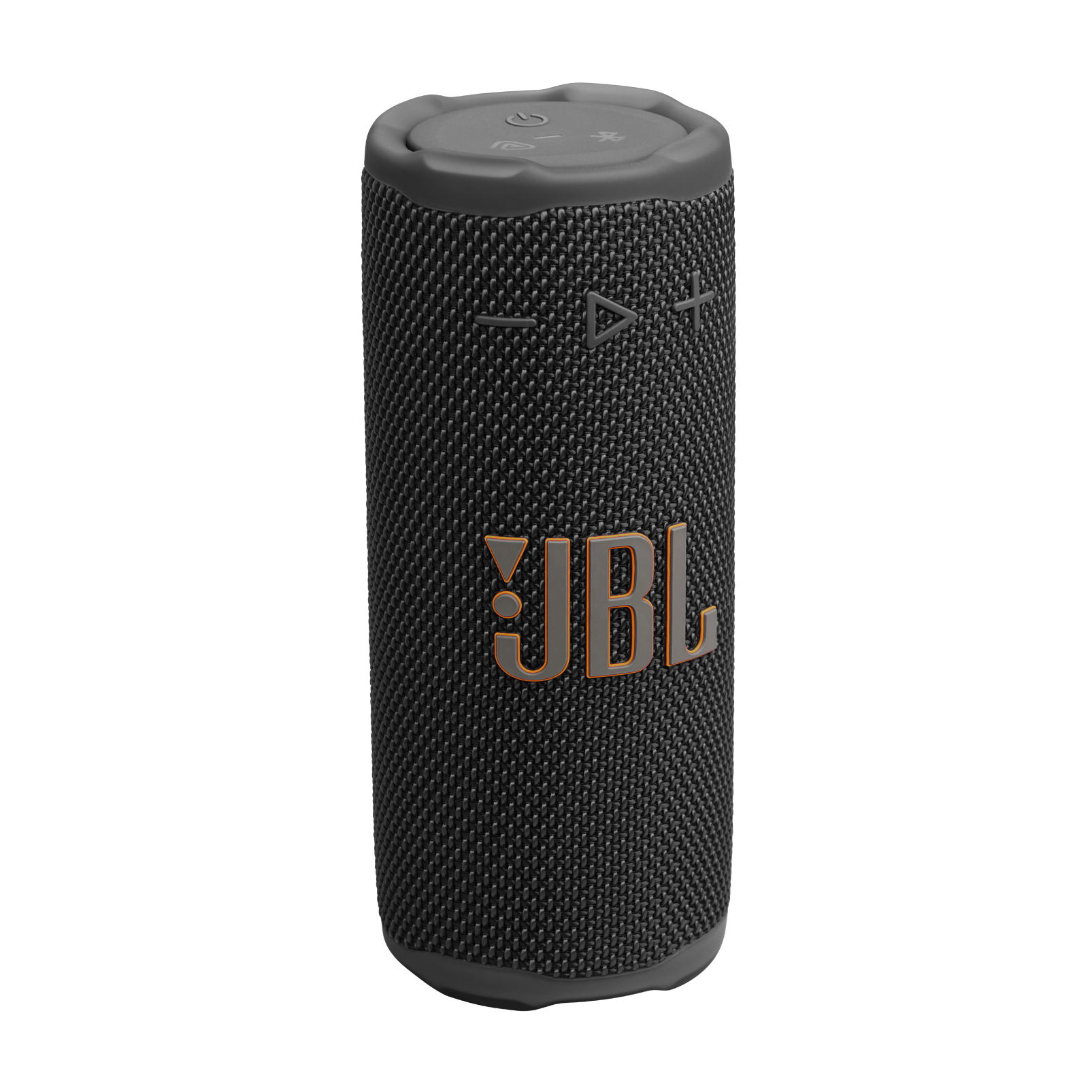 Turuncu logolu siyah JBL hoparlör. Oynat/duraklat, ses ve güç düğmeleri var.
