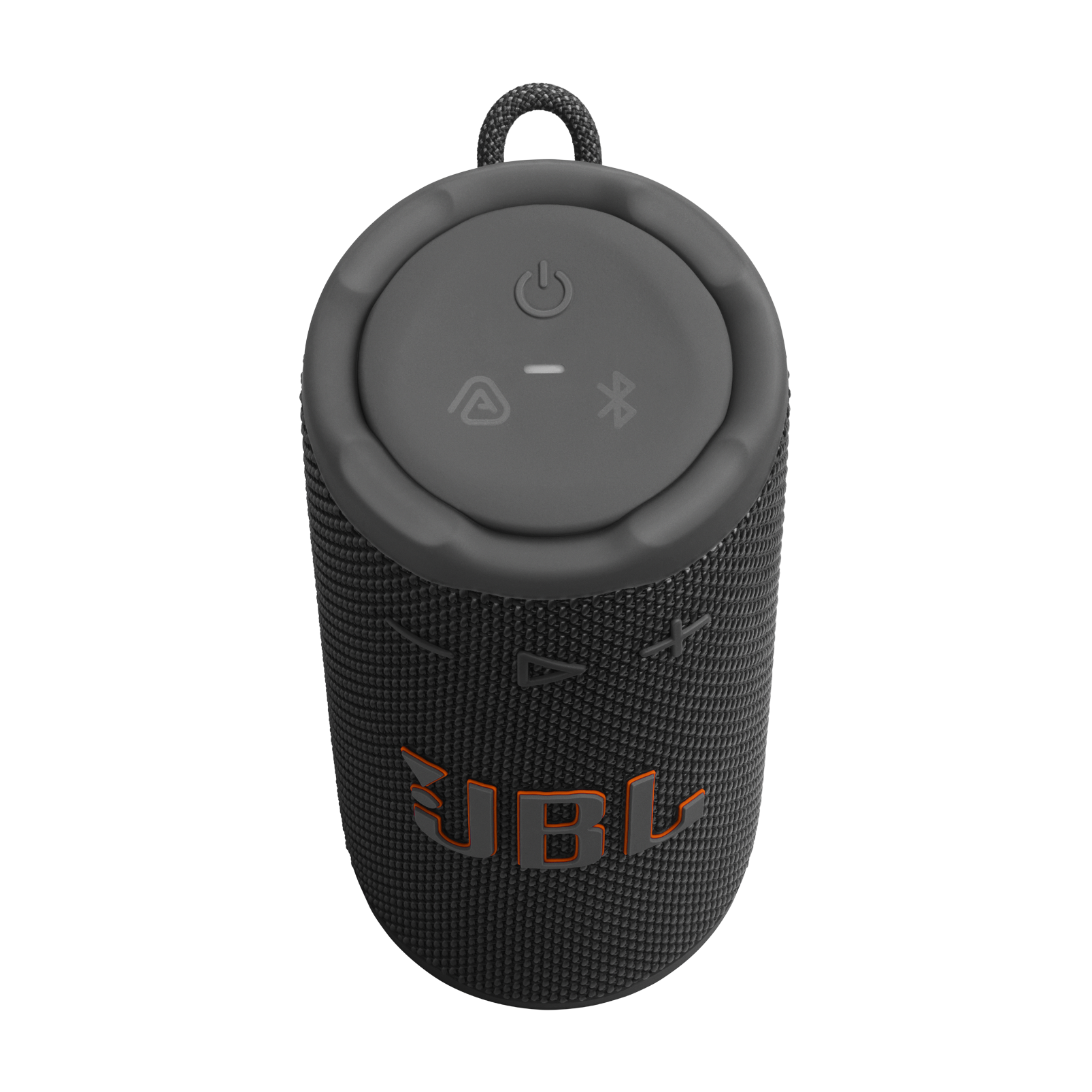 Siyah JBL hoparlör, gri üst kısım. Üst kısımda semboller var. Turuncu JBL logosu.
