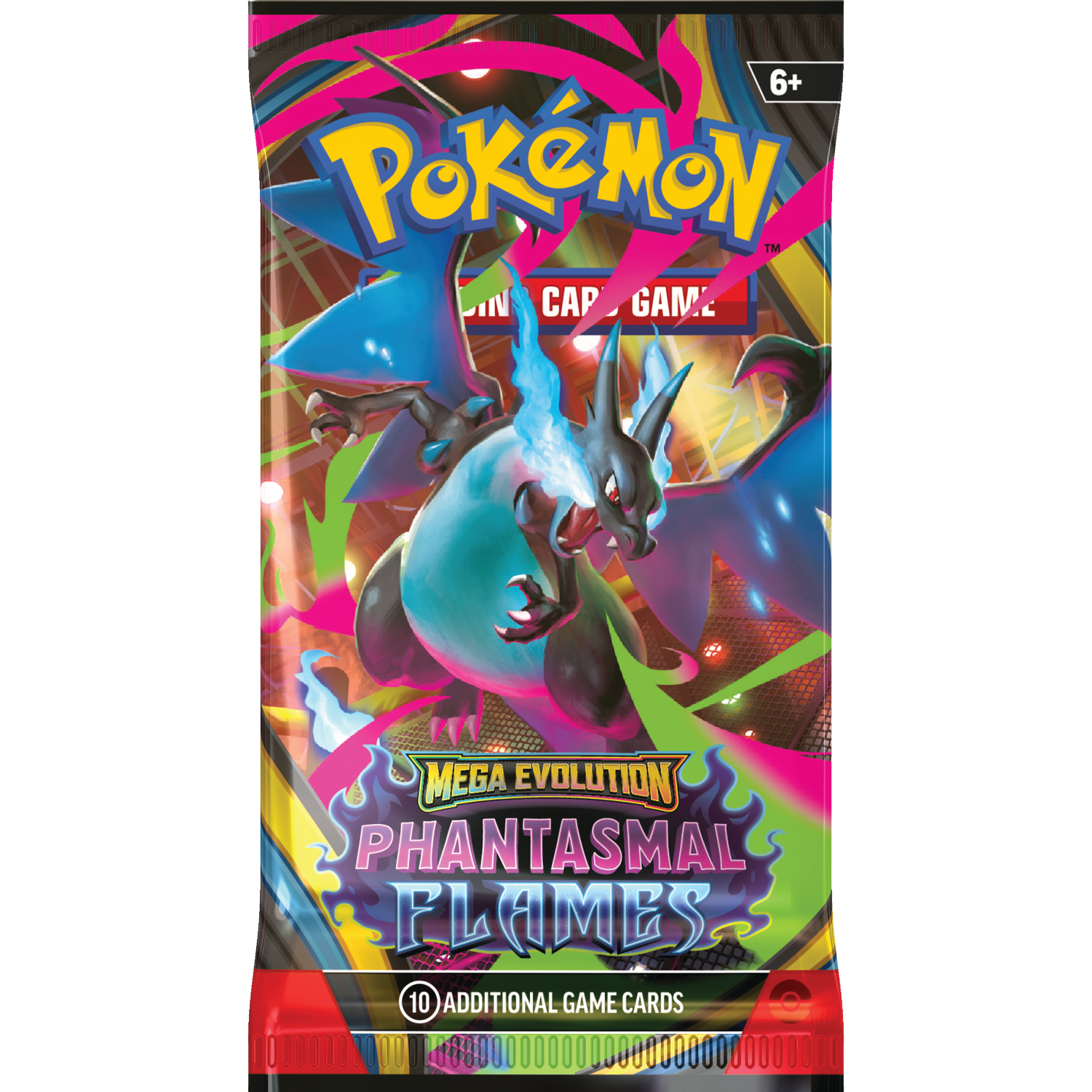 Un paquet de cartes Pokémon avec Dracaufeu. Le paquet est étiqueté 'Phantasmal Flames' et 'Mega Evolution'. Fond coloré.