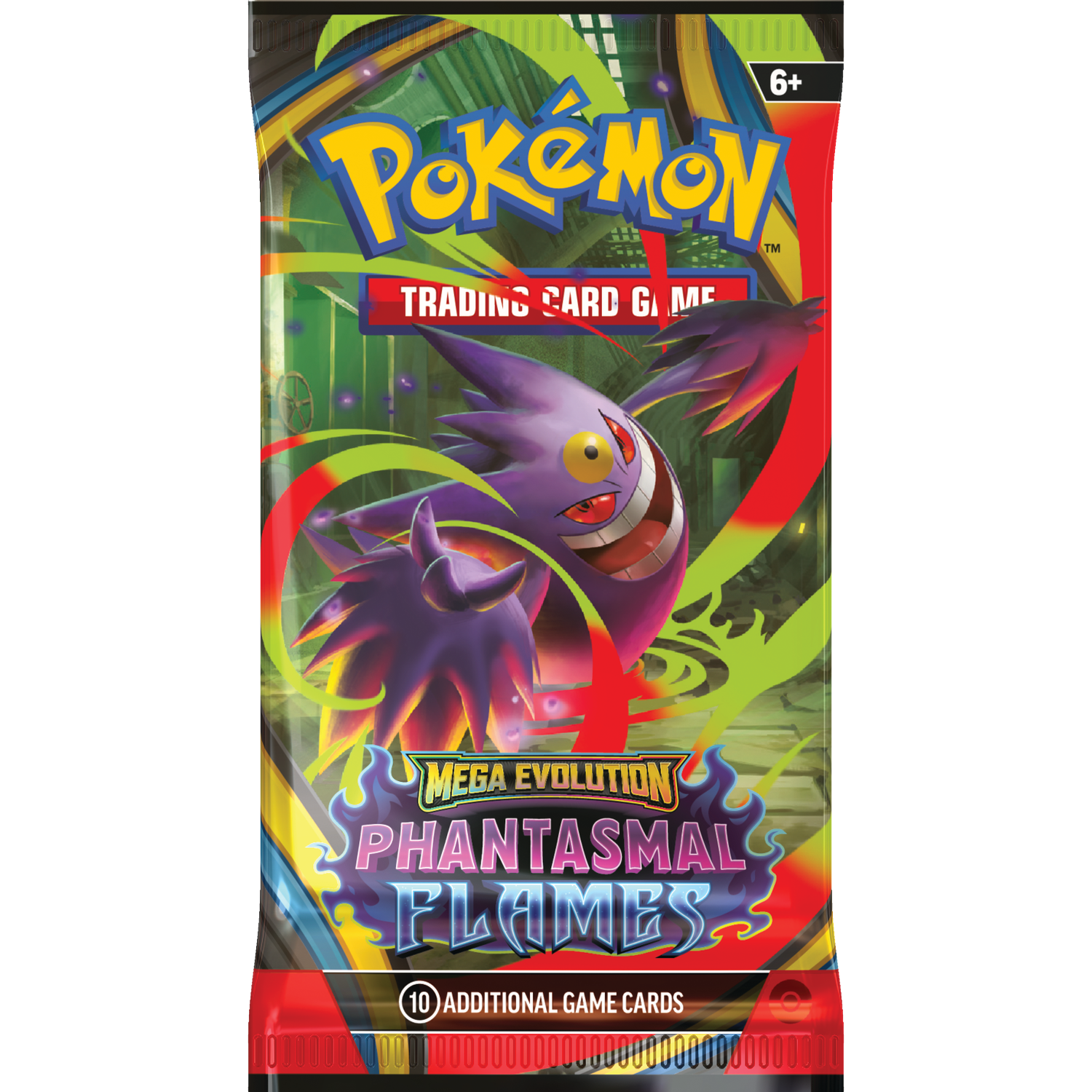Un paquet de cartes Pokémon avec un Gengar violet. Le paquet est étiqueté 'Phantasmal Flames' et 'Trading Card Game'.