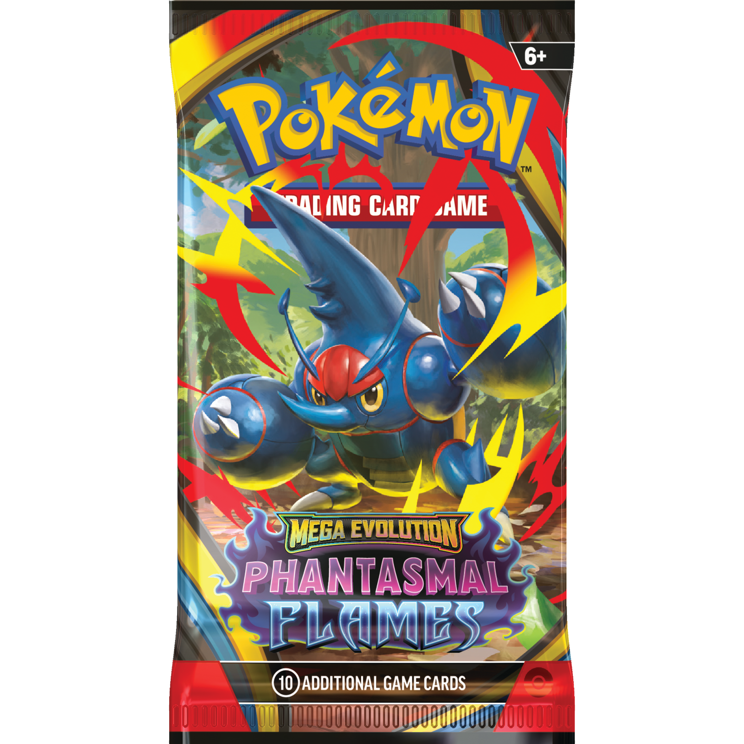 Paquet de cartes à collectionner Pokémon. Comporte un Pokémon bleu et rouge. Le texte comprend 'Mega Evolution', 'Phantasmal Flames' et '10 cartes supplémentaires'.