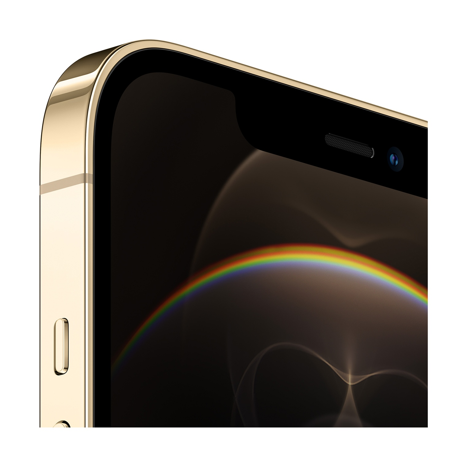 Primo piano di un iPhone dorato. Lo schermo mostra un effetto arcobaleno. Il lato del telefono mostra un pulsante del volume.
