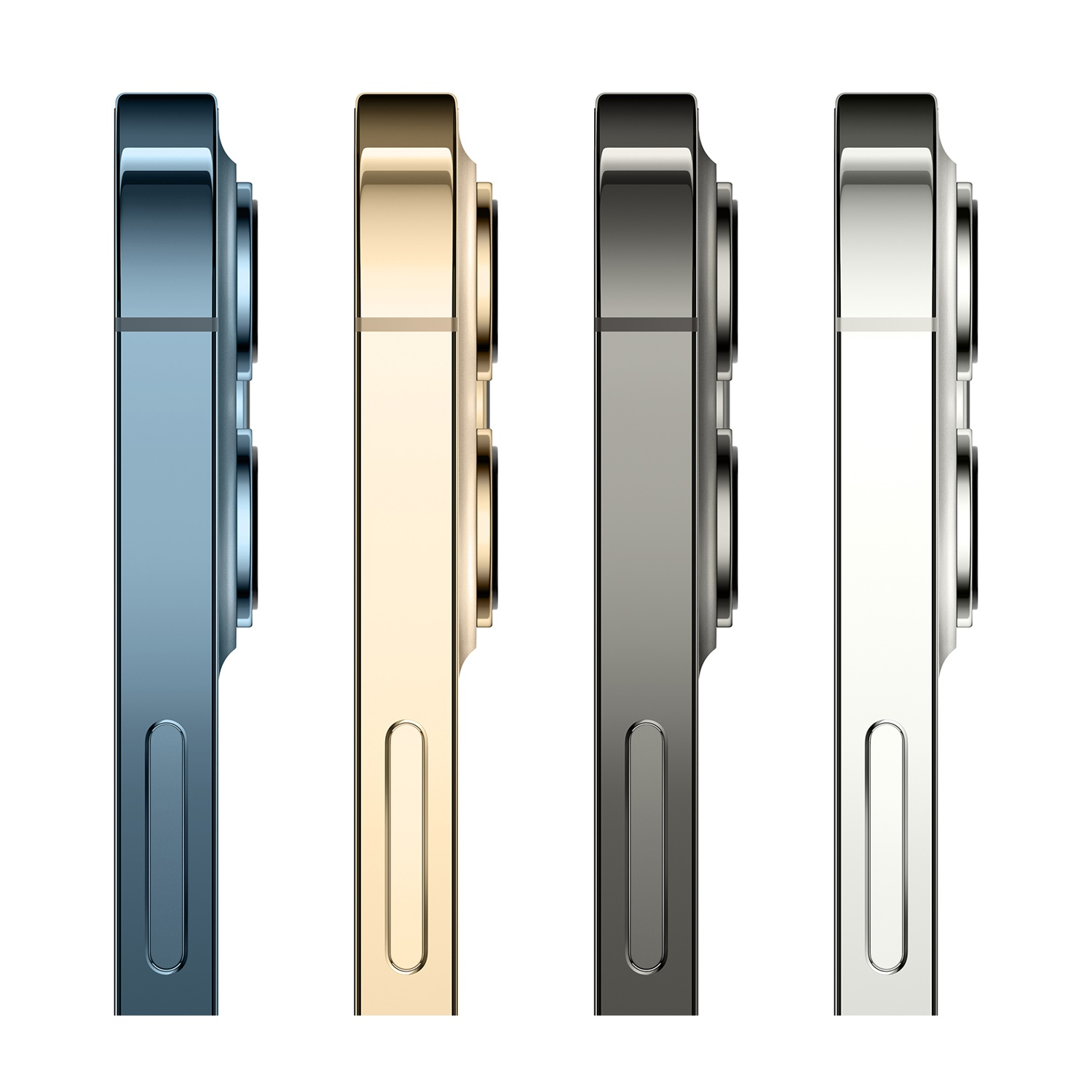 Quattro modelli di iPhone 13 Pro: blu, oro, grafite e argento. Vista laterale con fotocamera, pulsante volume e silenzioso.