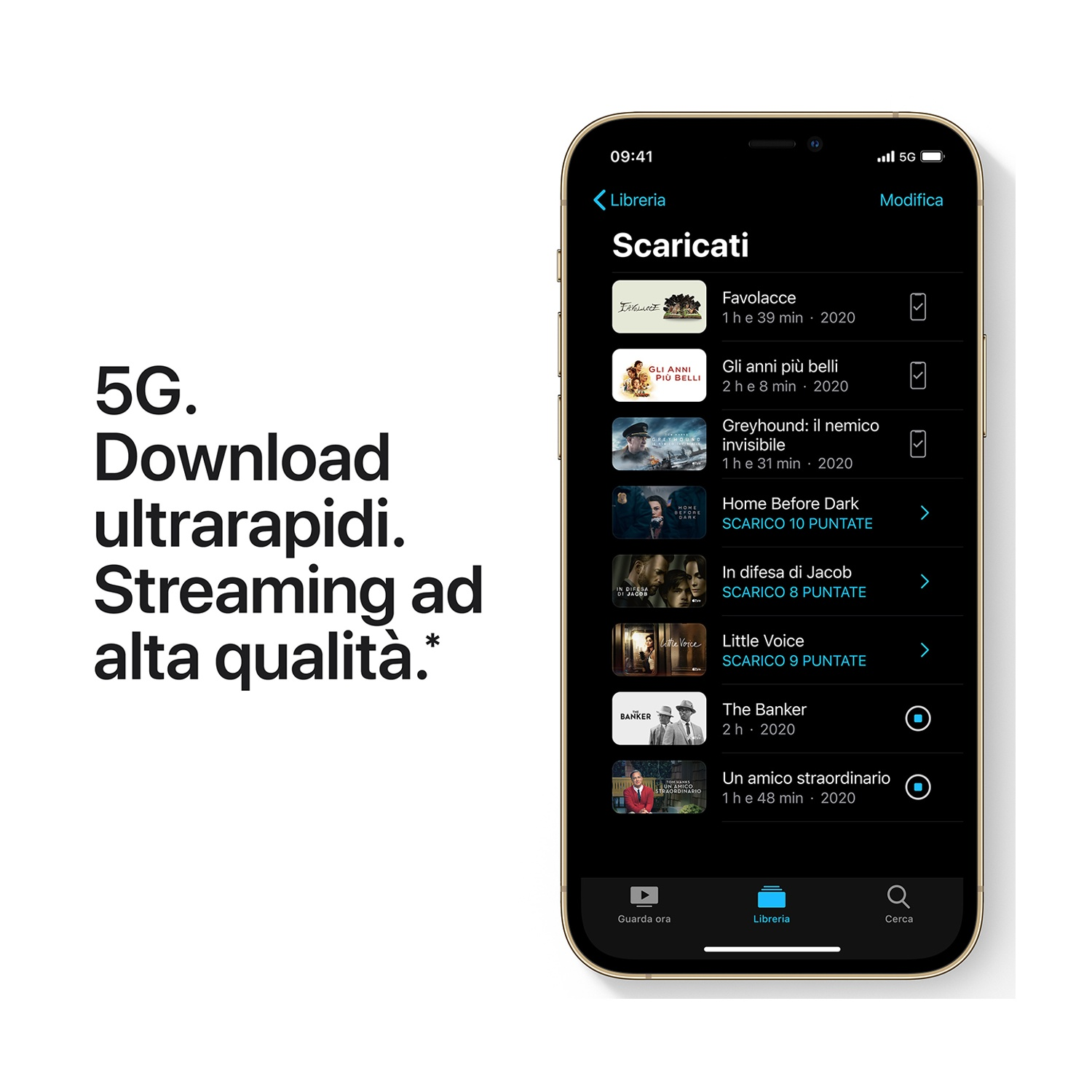 Schermo iPhone con app di streaming. Elenca film e programmi. Testo a sinistra: '5G. Download ultrarapidi. Streaming ad alta qualità.'