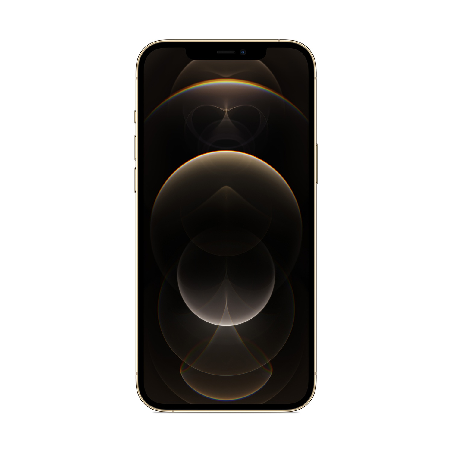 iPhone oro su sfondo bianco. Lo schermo mostra un design astratto con sfere chiare e scure e un effetto arcobaleno.