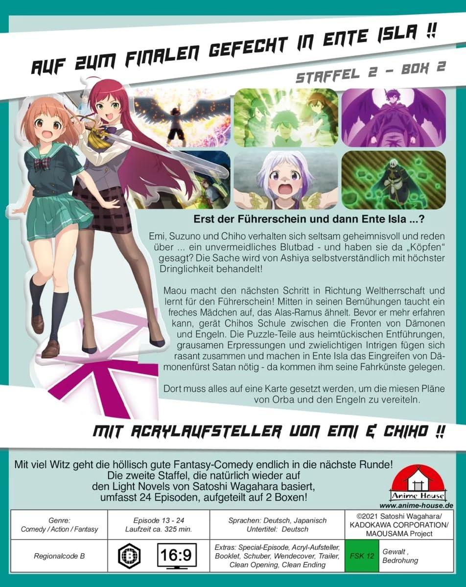 Anime-Box-Art. Drei Mädchen mit Waffen. Text auf Deutsch. Titel: Auf zum finalen Gefecht in Ente Isla.