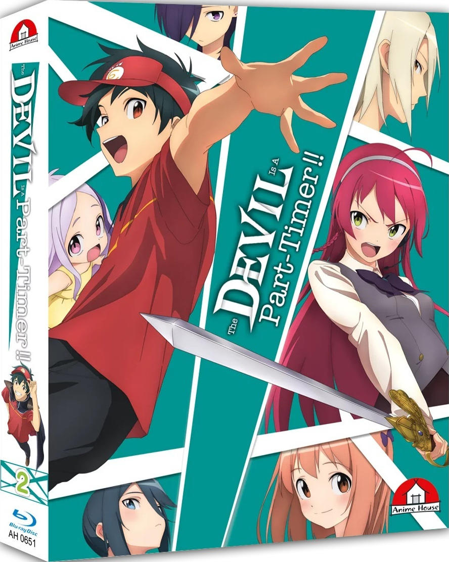 Anime-Box-Art. Ein Mann in Rot deutet auf ein Schwert. Mehrere Anime-Charaktere werden gezeigt, mit dem Titel "The Devil is a Part-Timer!!".