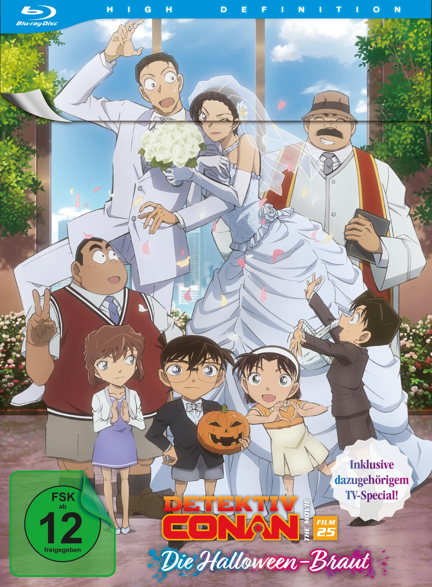 Anime-Filmcover. Eine Braut, ein Bräutigam und mehrere Kinder sind zu sehen. Im Hintergrund ist eine Stadt zu sehen, unten bunter Text.