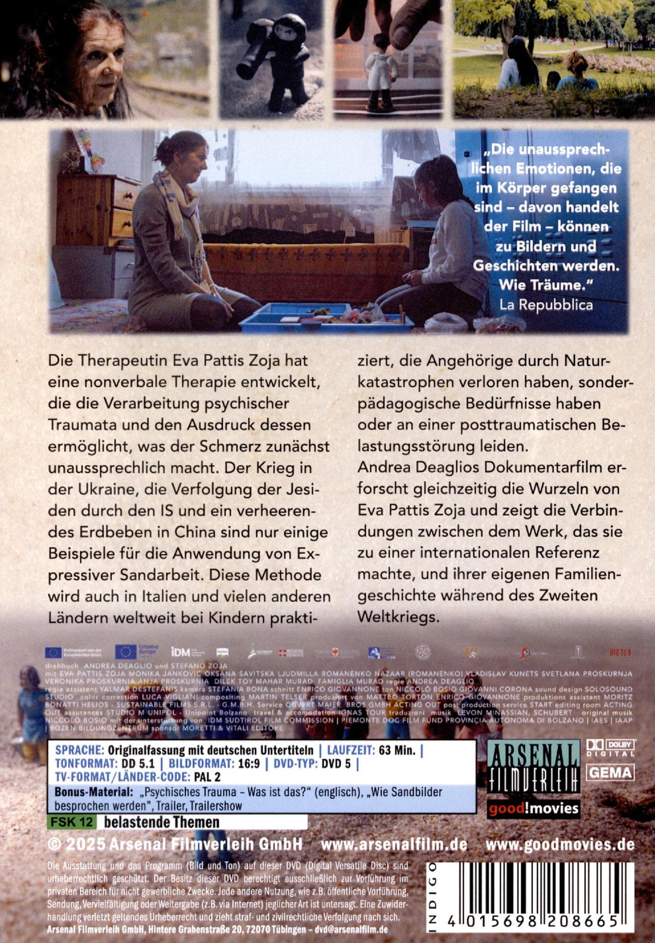 DVD-Cover. Eine Frau sitzt, Filmtitel und Text, Bilder von Menschen und Szenen, mit Text auf Deutsch.